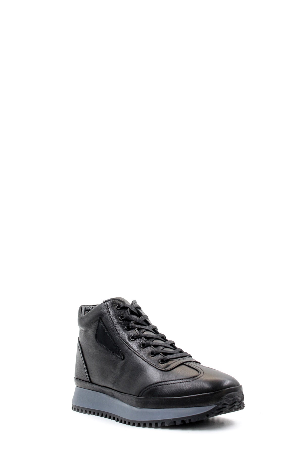 Men's Black Leather High-Top Sneakers with Ribbed Sole