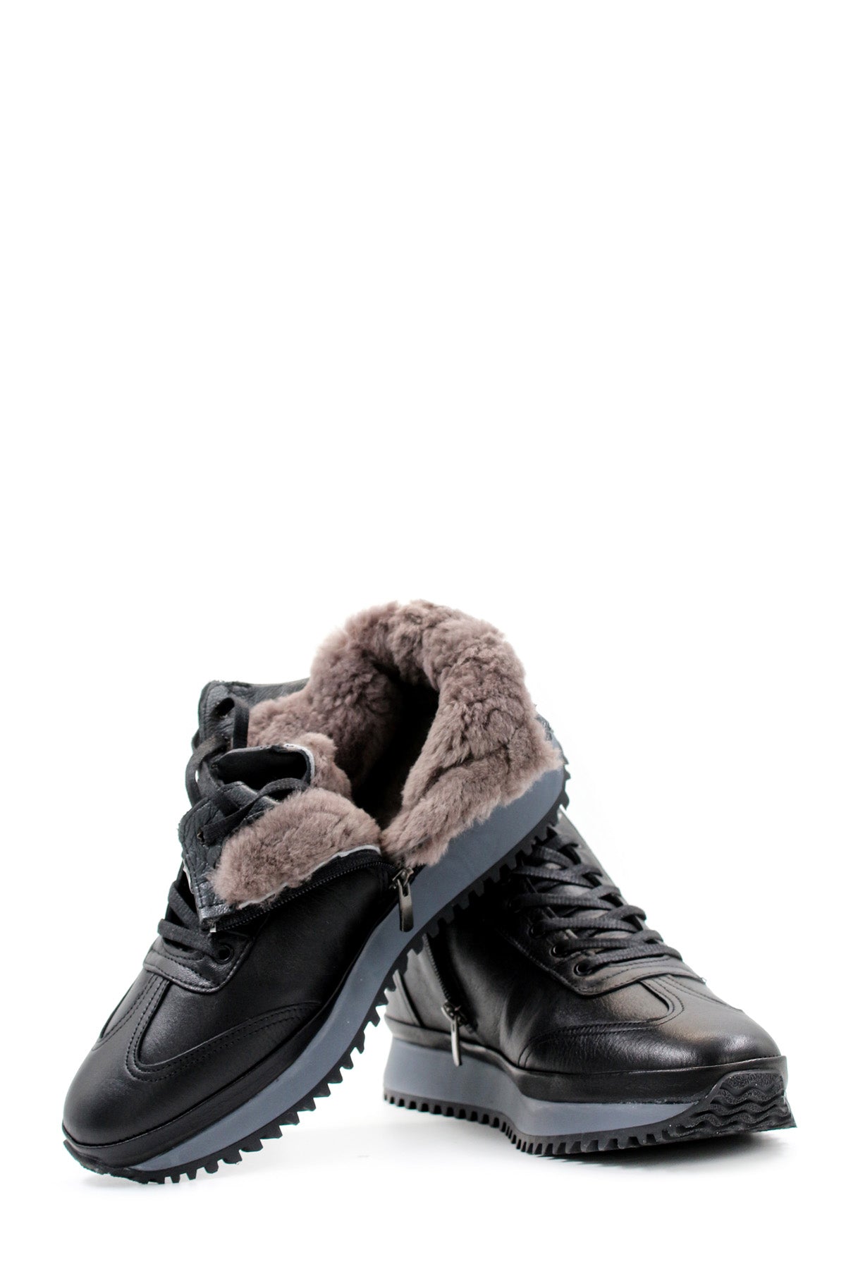 Men's Black Leather High-Top Sneakers with Ribbed Sole - Wessi