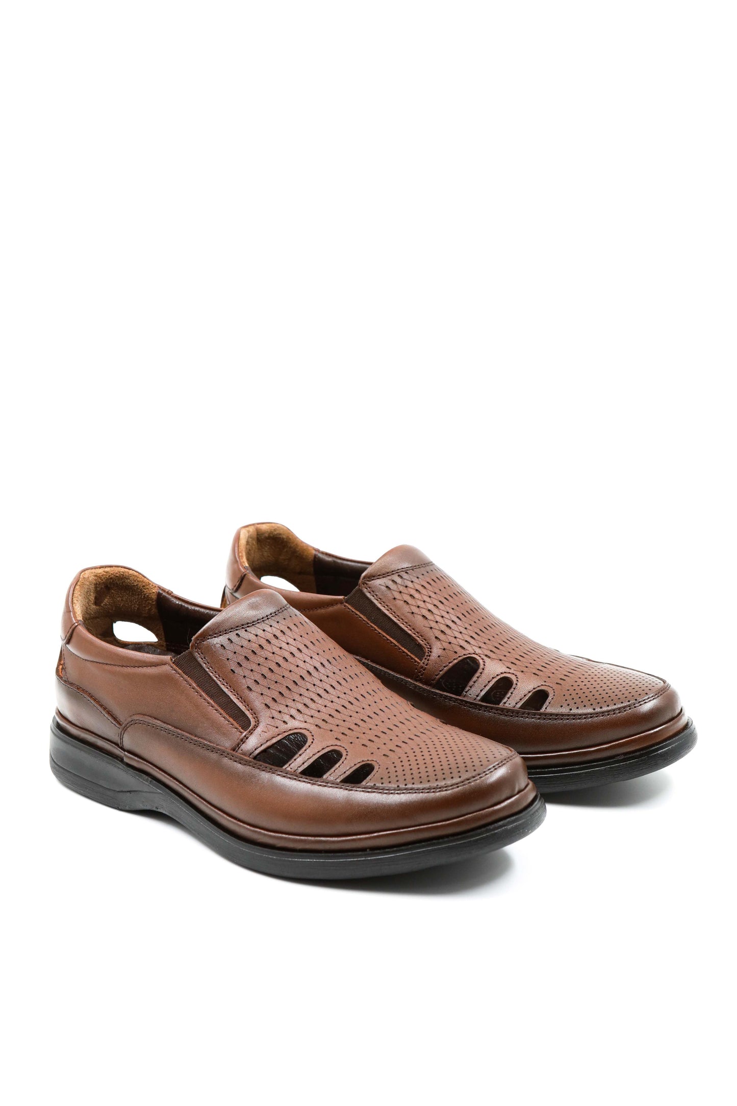Men's Brown Leather Perforated Slip-On Shoes-Wessi