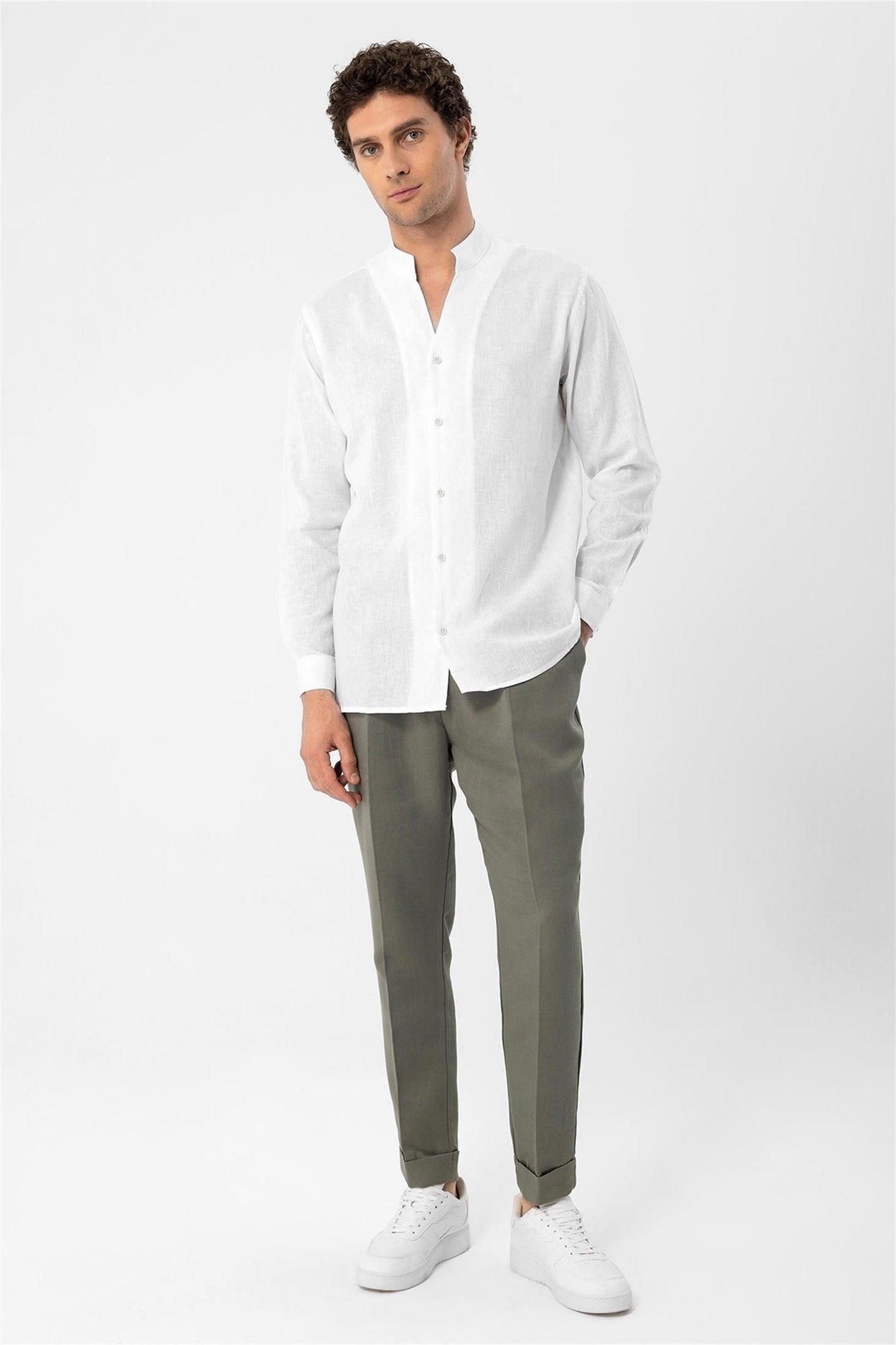 Men's White Judge Collar Long Sleeve Shirt