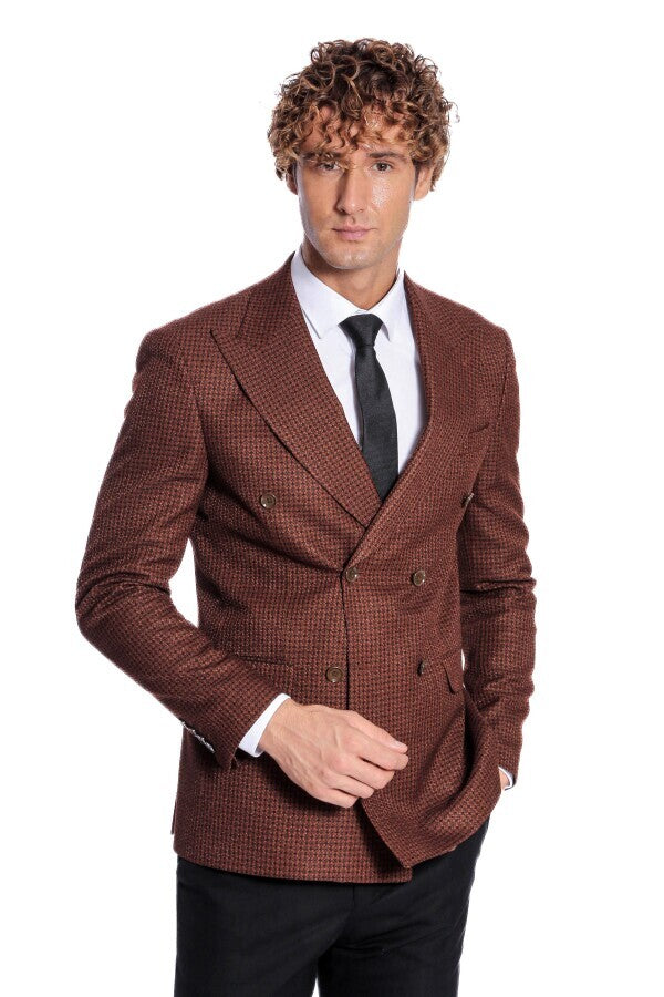 Brown Patterned Double-Breasted Jacket, Black Turtleneck Knitwear, and Trousers Look Winter Elegance Style