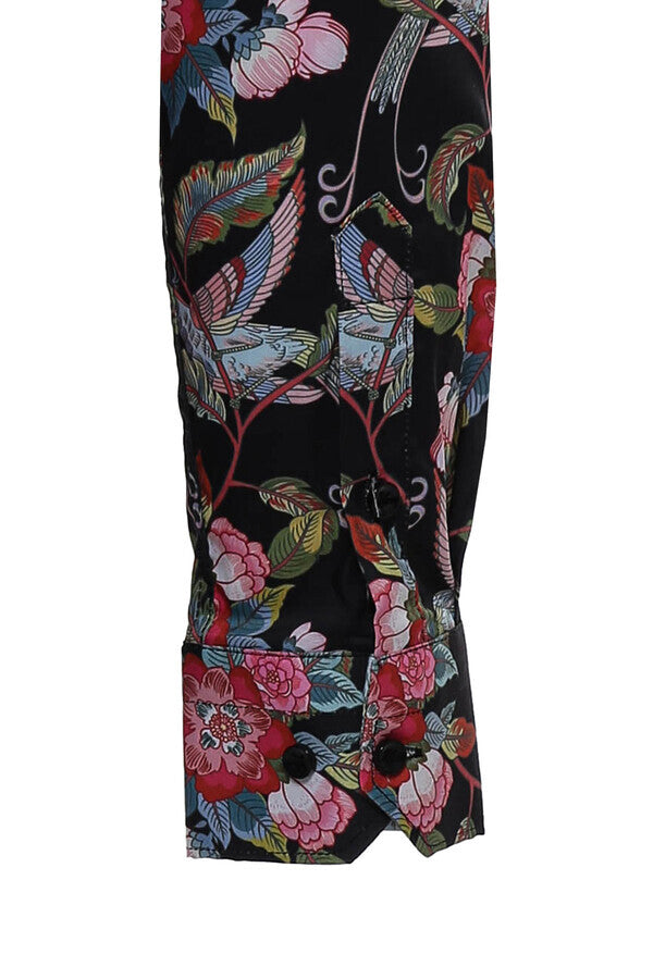 KOALA SYDNEY Hummingbird And Floral Patterned Long Sleeves Black Men Shirt -
