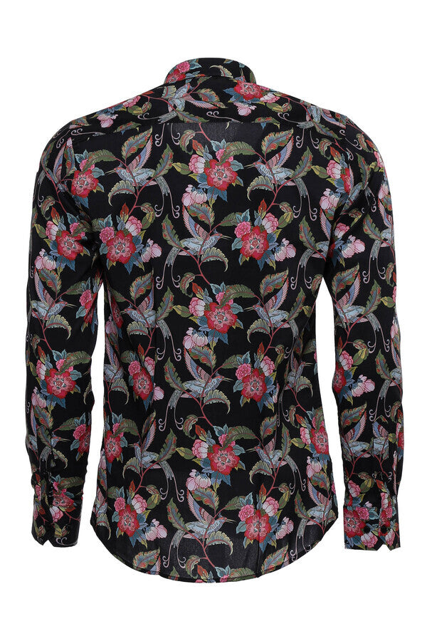 KOALA SYDNEY Hummingbird And Floral Patterned Long Sleeves Black Men Shirt -