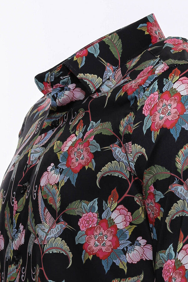 KOALA SYDNEY Hummingbird And Floral Patterned Long Sleeves Black Men Shirt -