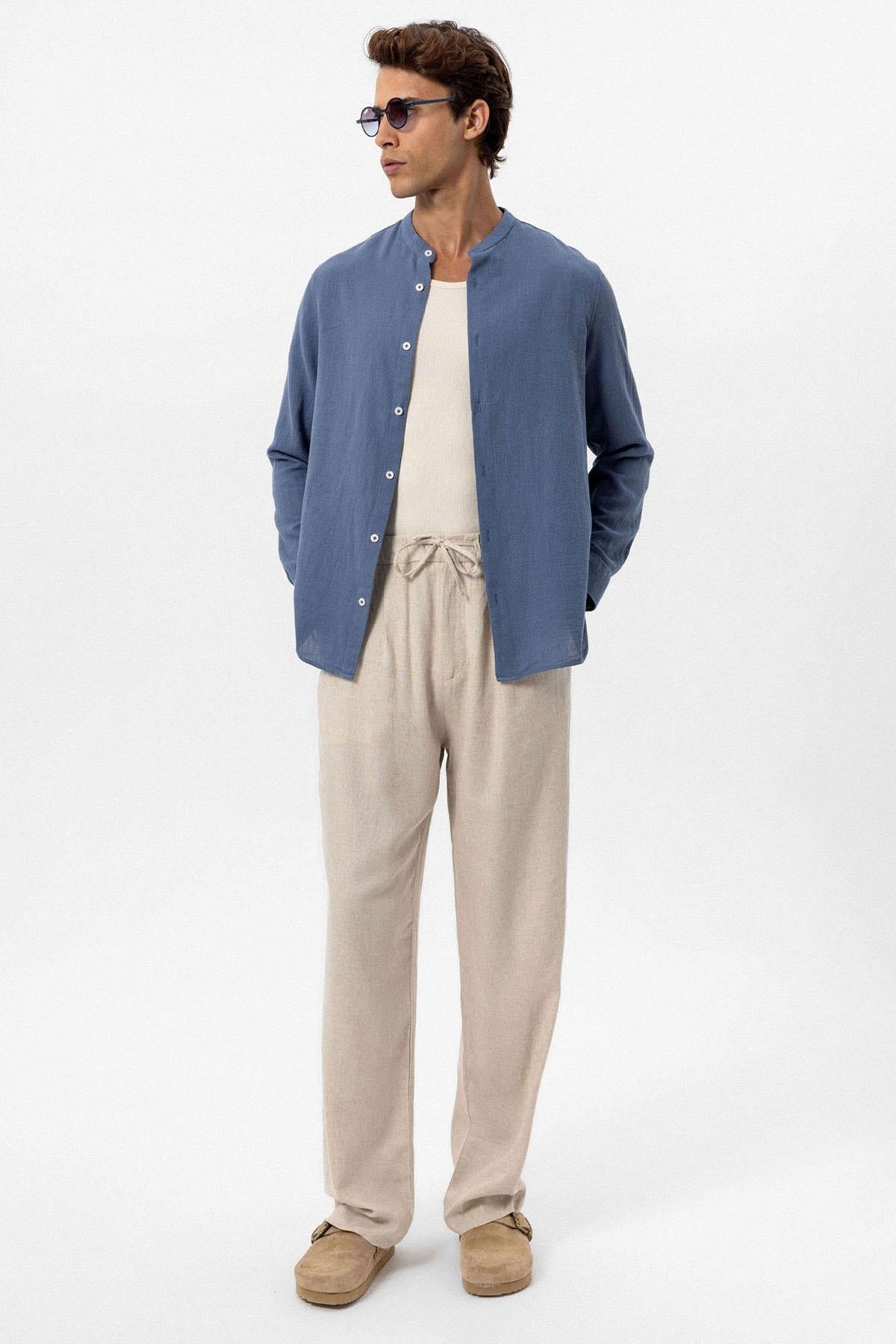 Men's Indigo Mandarin Collar Woven Shirt