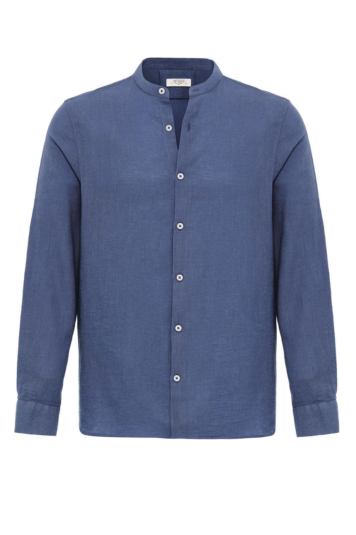 Men's Indigo Mandarin Collar Woven Shirt