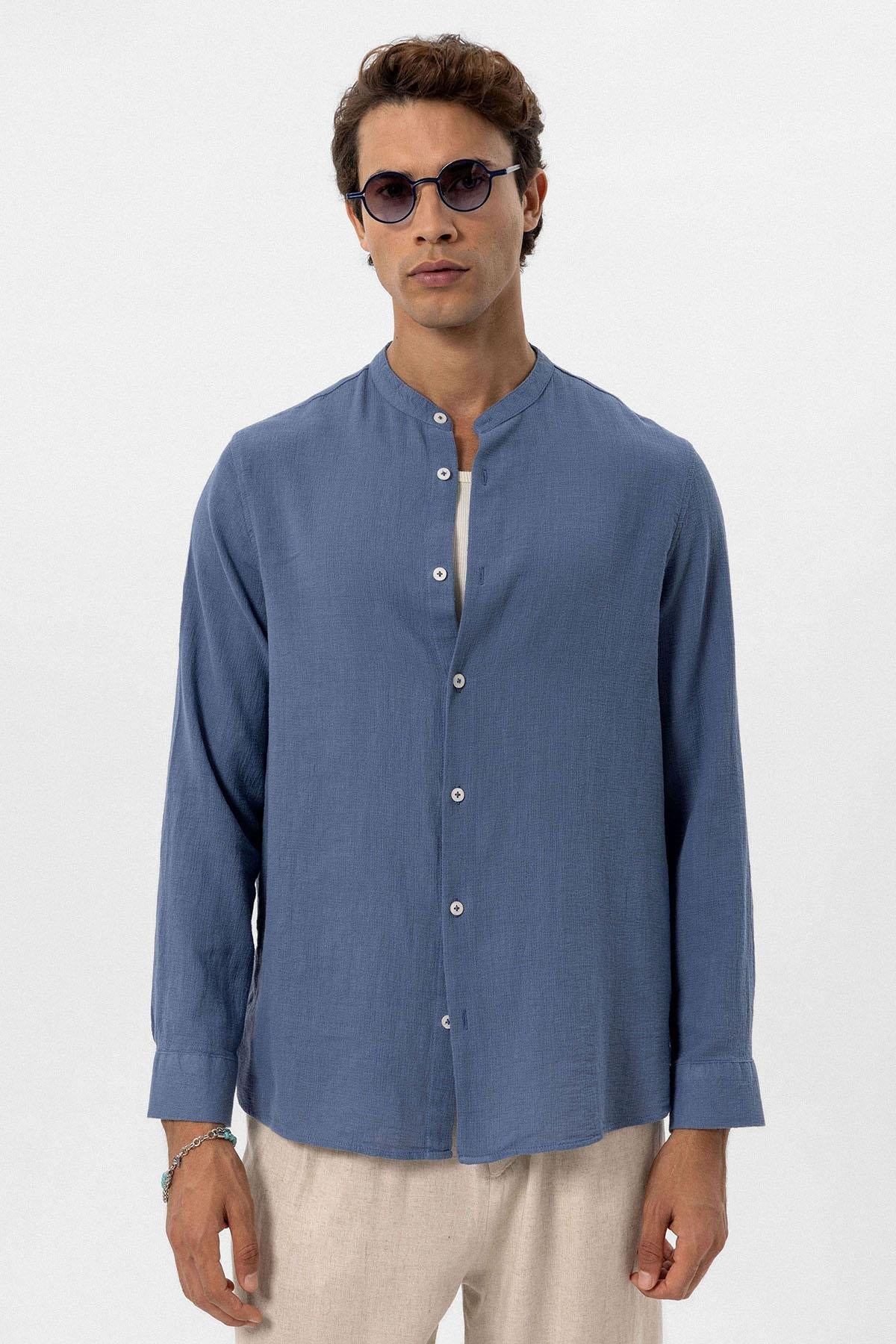 Men's Indigo Mandarin Collar Woven Shirt