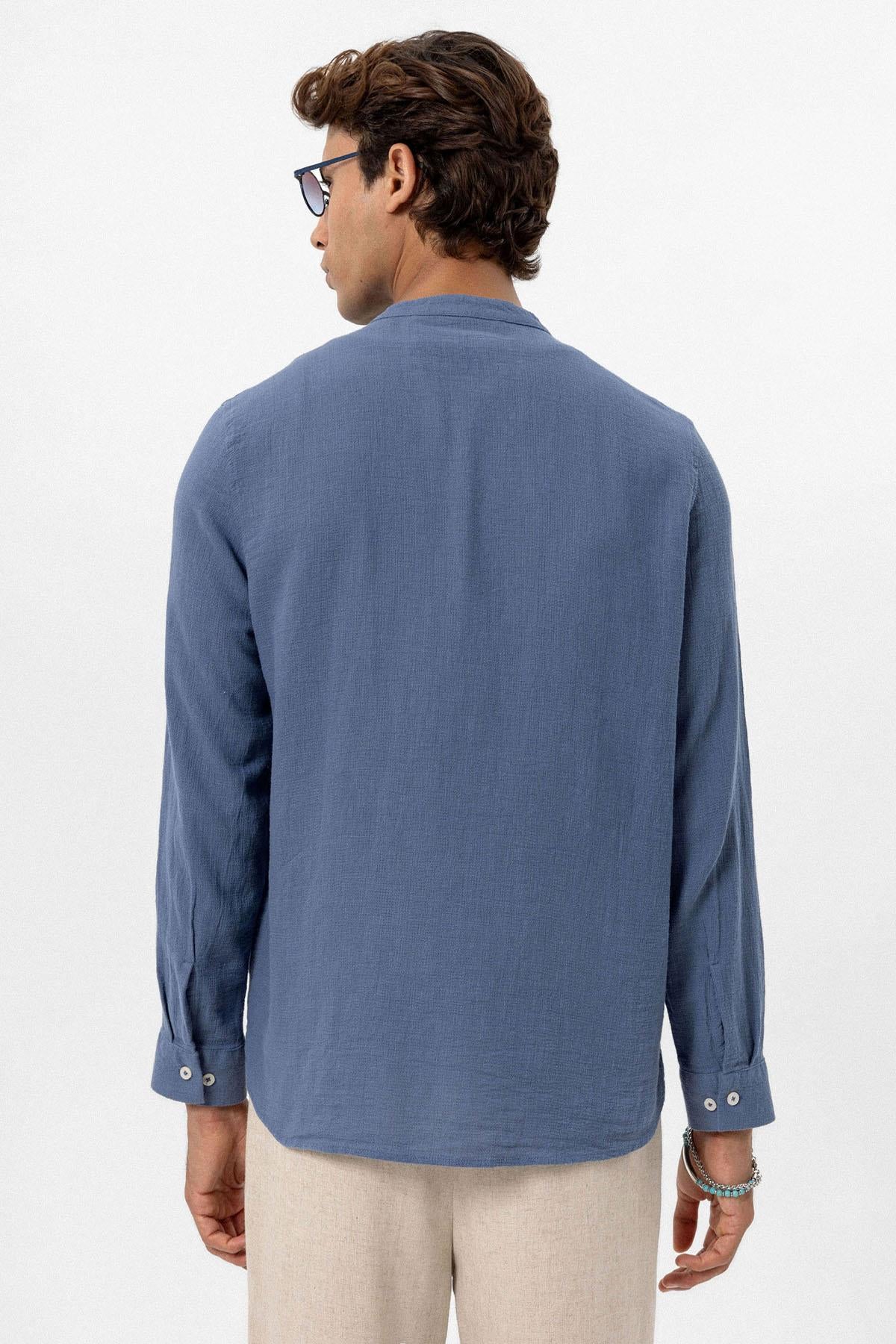 Men's Indigo Mandarin Collar Woven Shirt