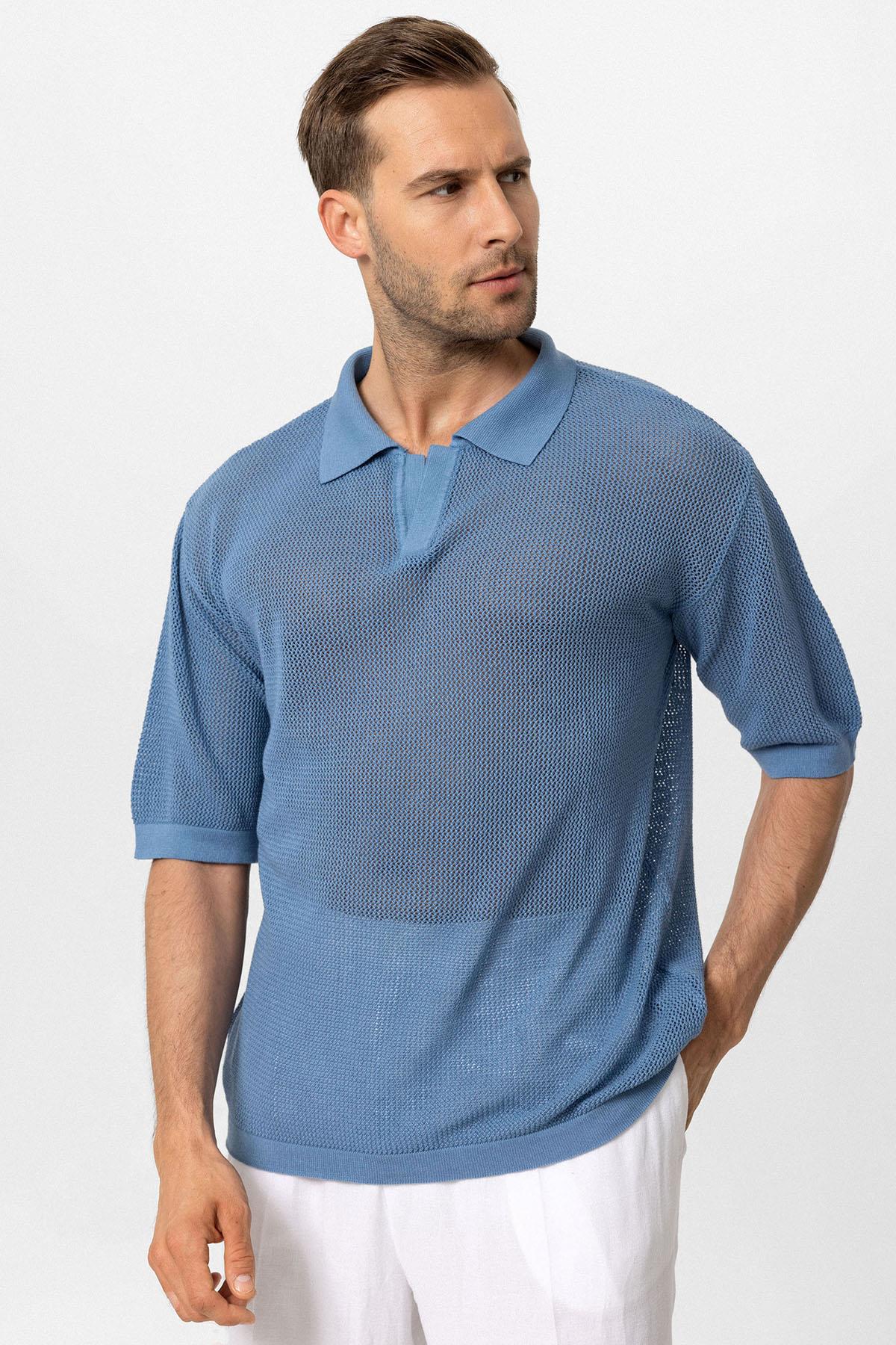 KOALA SYDNEY Men's Indigo Polo Neck Knit T-Shirt
