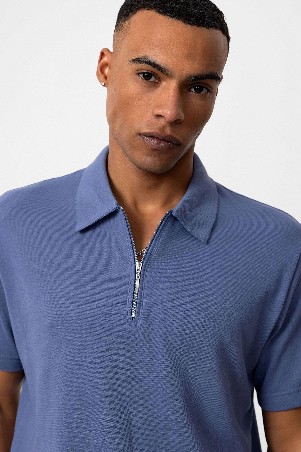 KOALA SYDNEY Men's Indigo Polo Collar Zippered T-Shirt