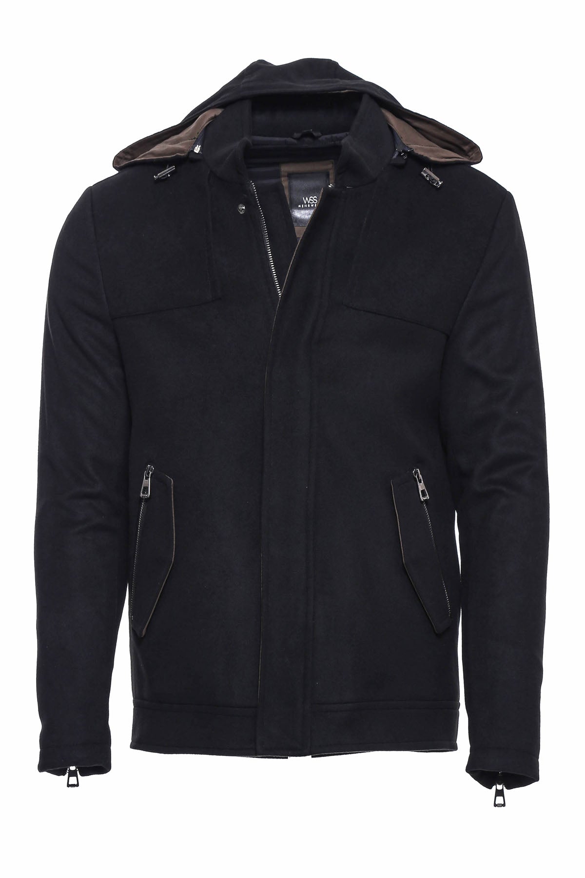 Zippered Sleeve Hooded Black Men Coat