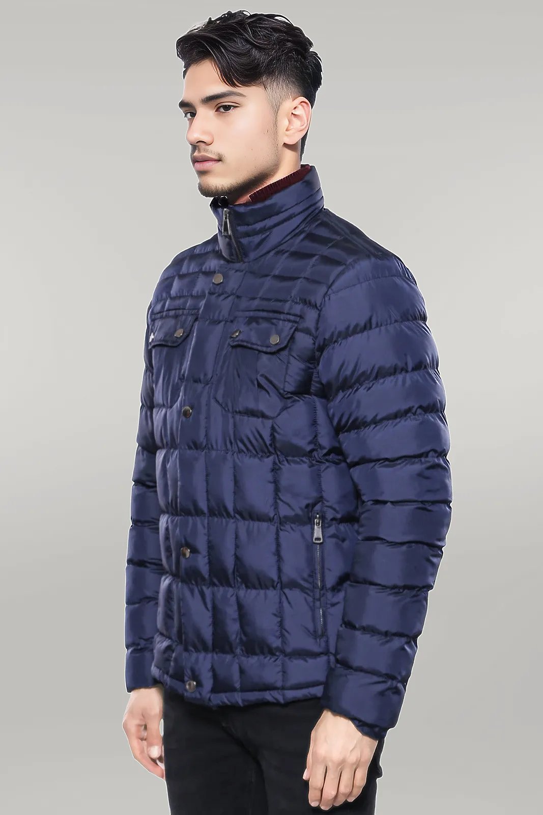 Quilted Navy Blue Men Winter Coat