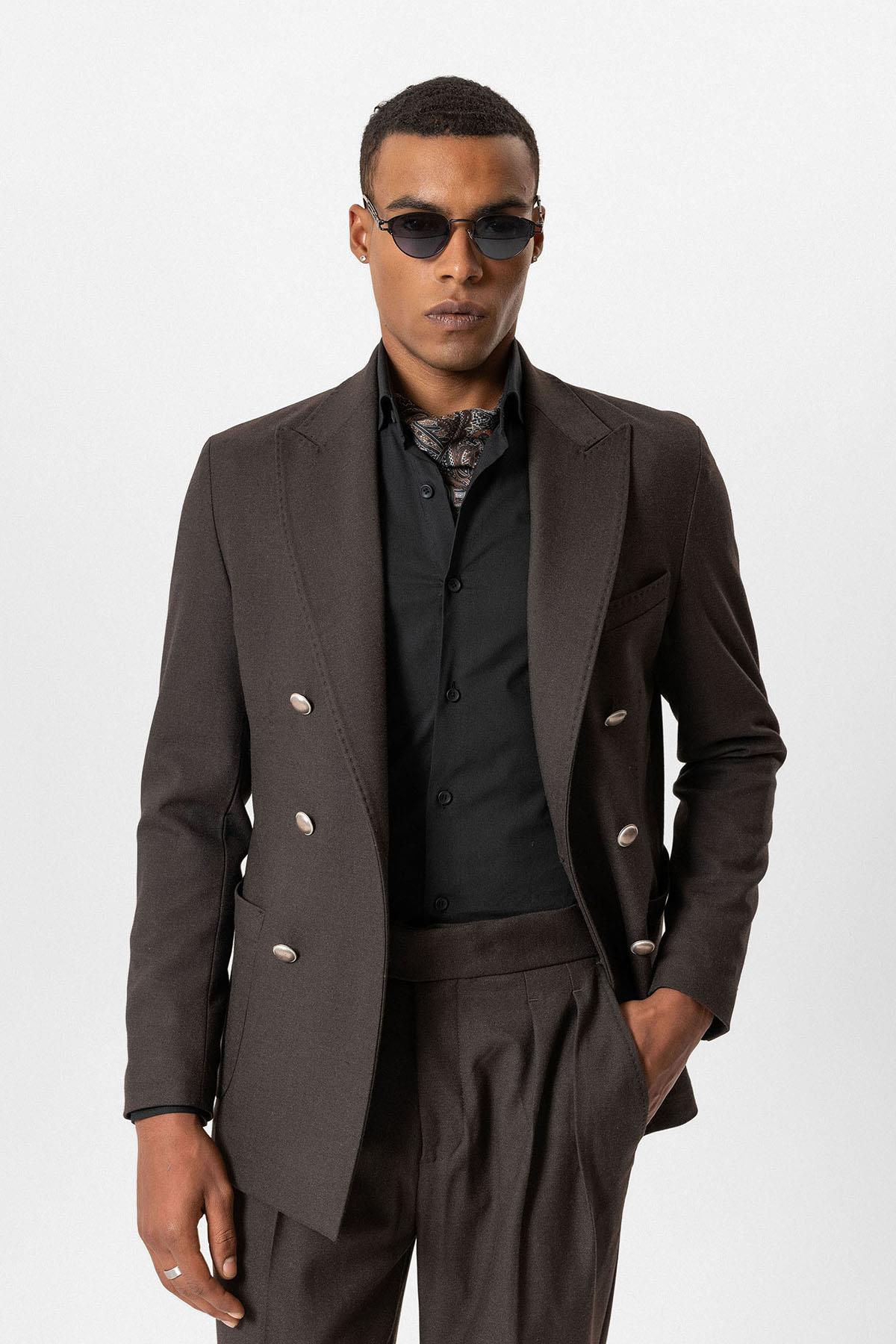 Brown Unlined Double-Breasted Men's Blazer Jacket