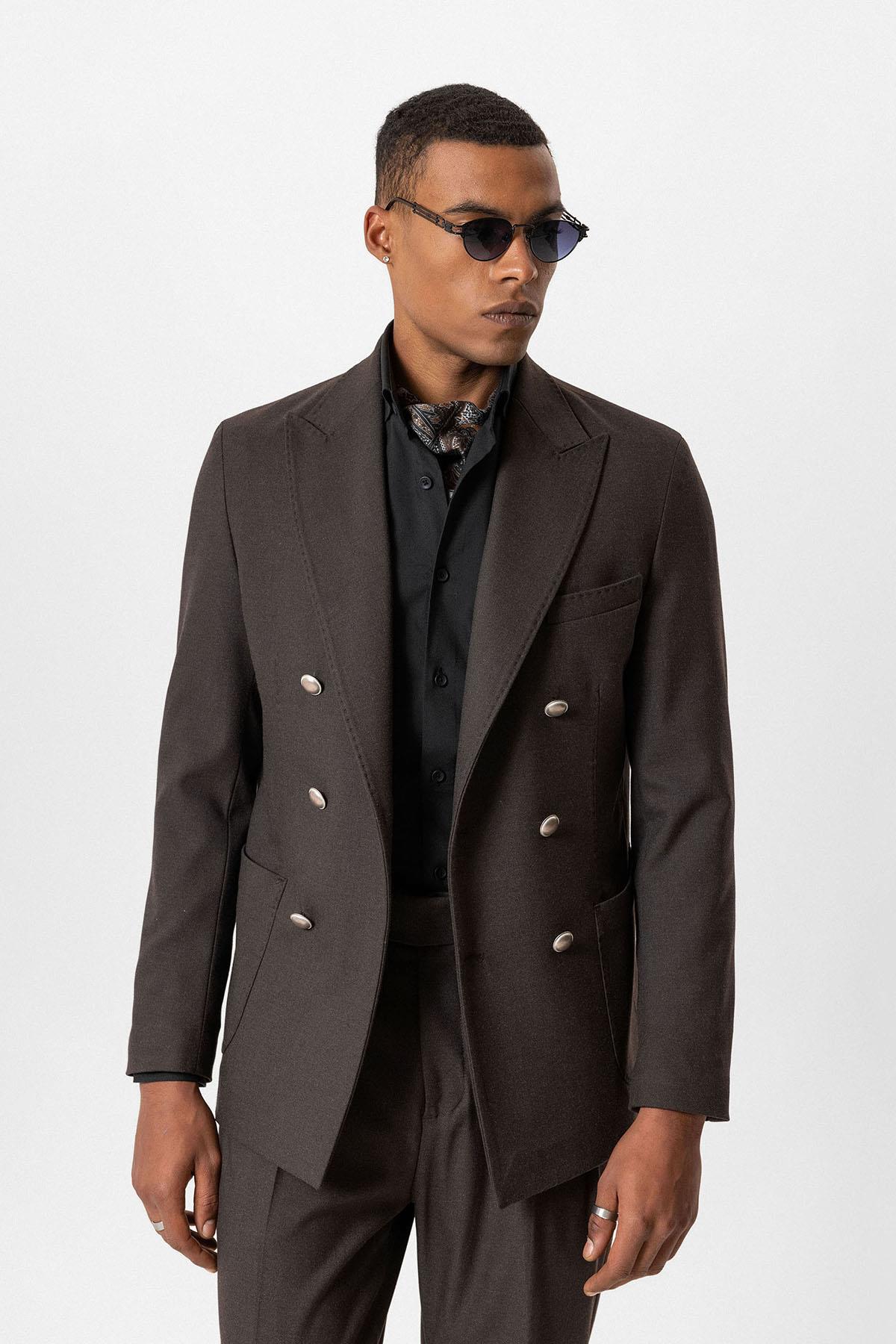 Brown Unlined Double-Breasted Men's Blazer Jacket