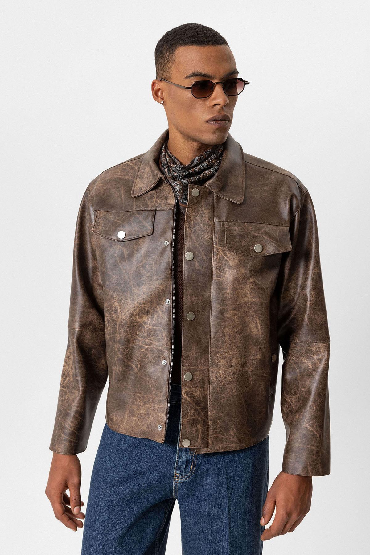Brown Crop Fit Faux Leather Men's Jacket