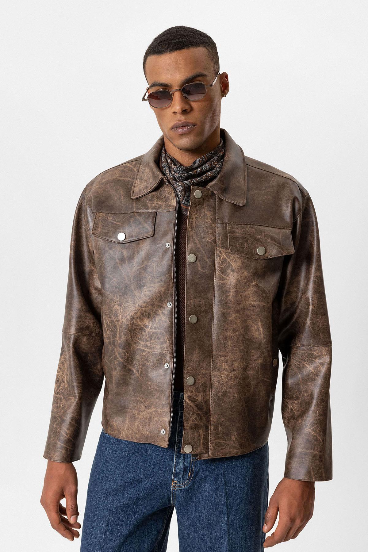 Brown Crop Fit Faux Leather Men's Jacket