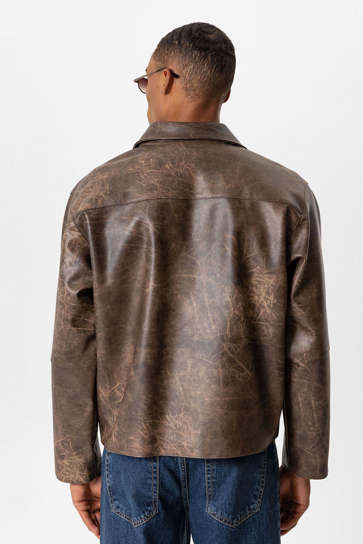 Brown Crop Fit Faux Leather Men's Jacket