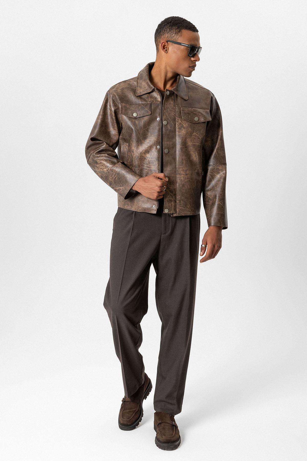 Brown Crop Fit Faux Leather Men's Jacket