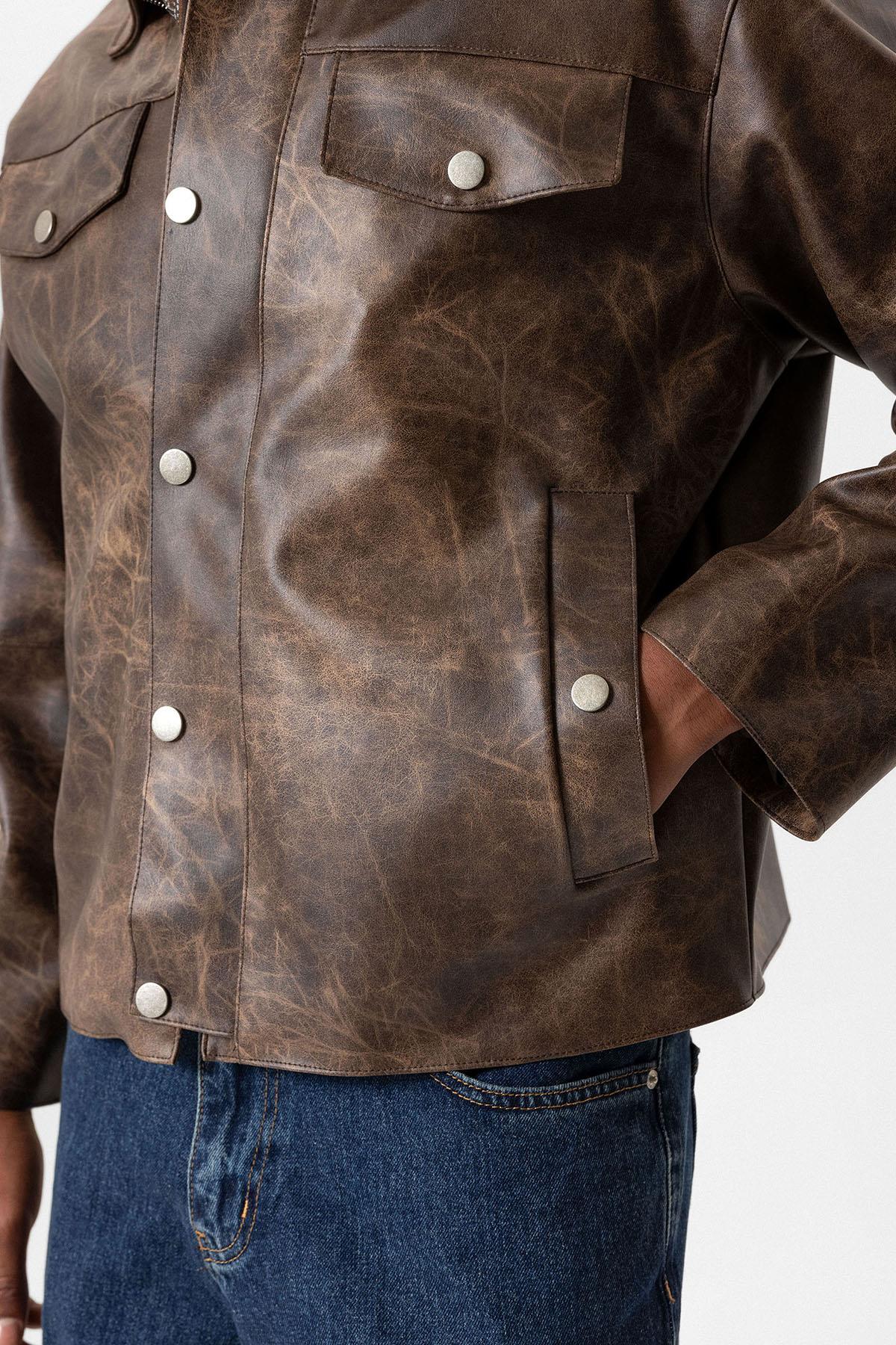 Brown Crop Fit Faux Leather Men's Jacket