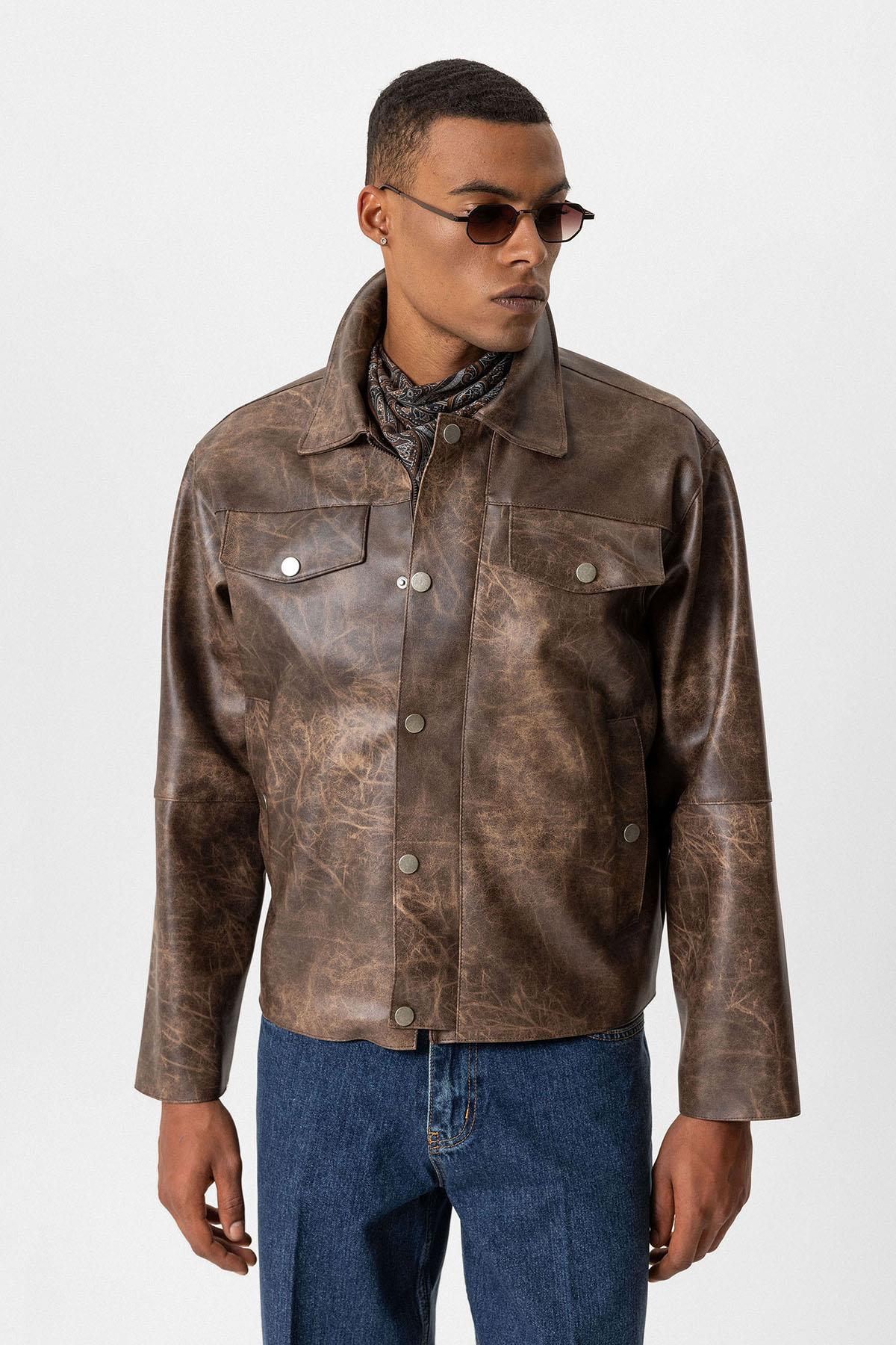 Brown Crop Fit Faux Leather Men's Jacket