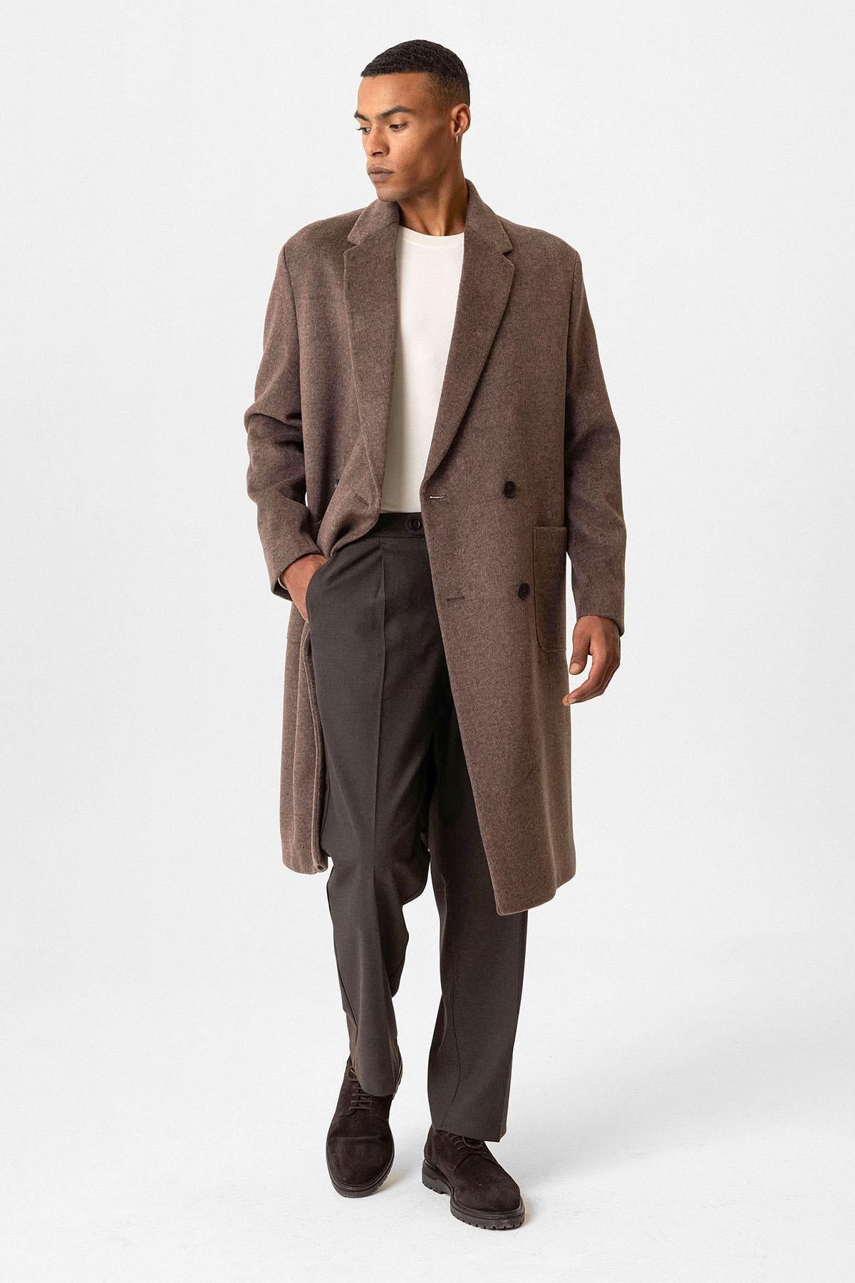 Brown Textured Double-Breasted Men's Coat