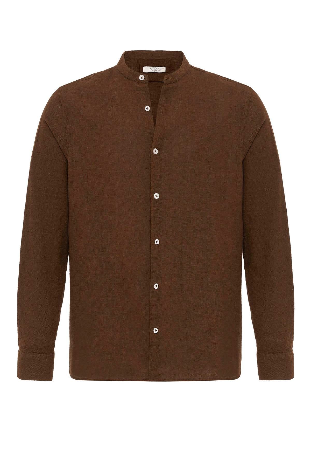 Men's Brown Mandarin Collar Woven Shirt
