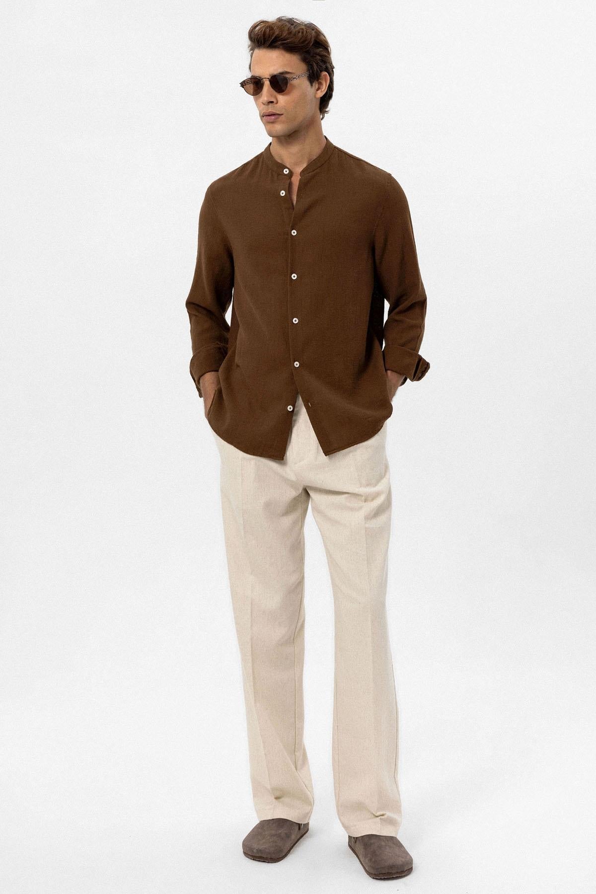 Men's Brown Mandarin Collar Woven Shirt