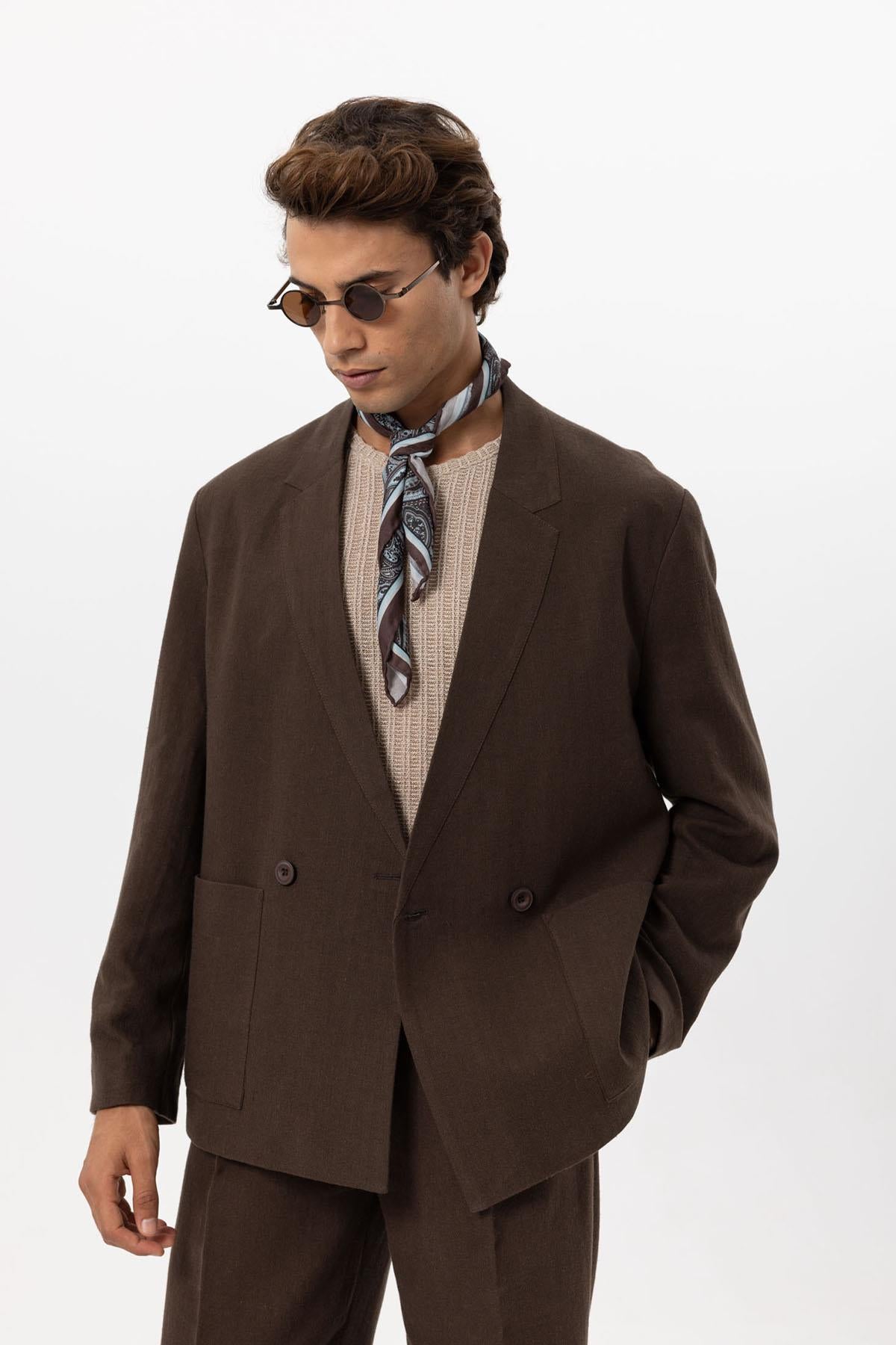 KOALA SYDNEY Men's Brown Linen Blend Double-Breasted Jacket