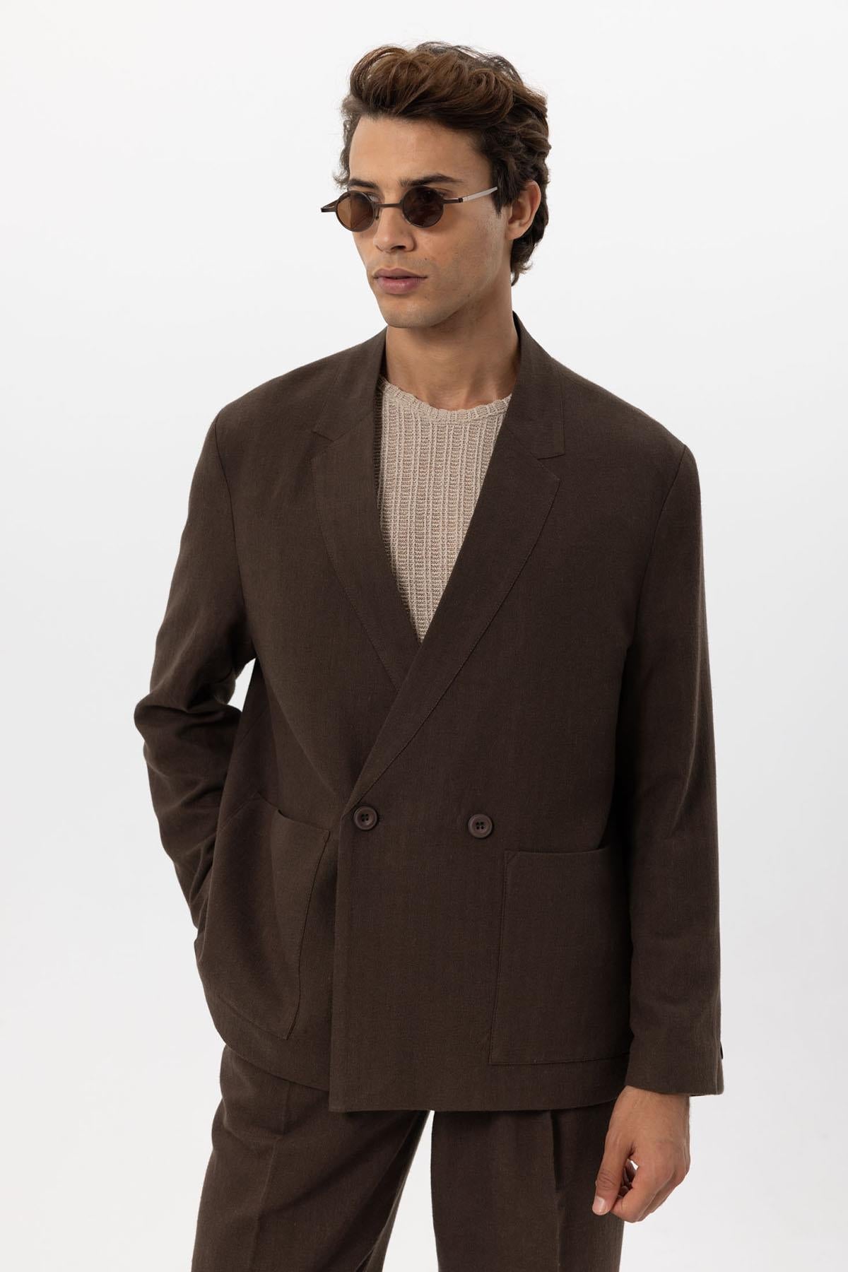 KOALA SYDNEY Men's Brown Linen Blend Double-Breasted Jacket