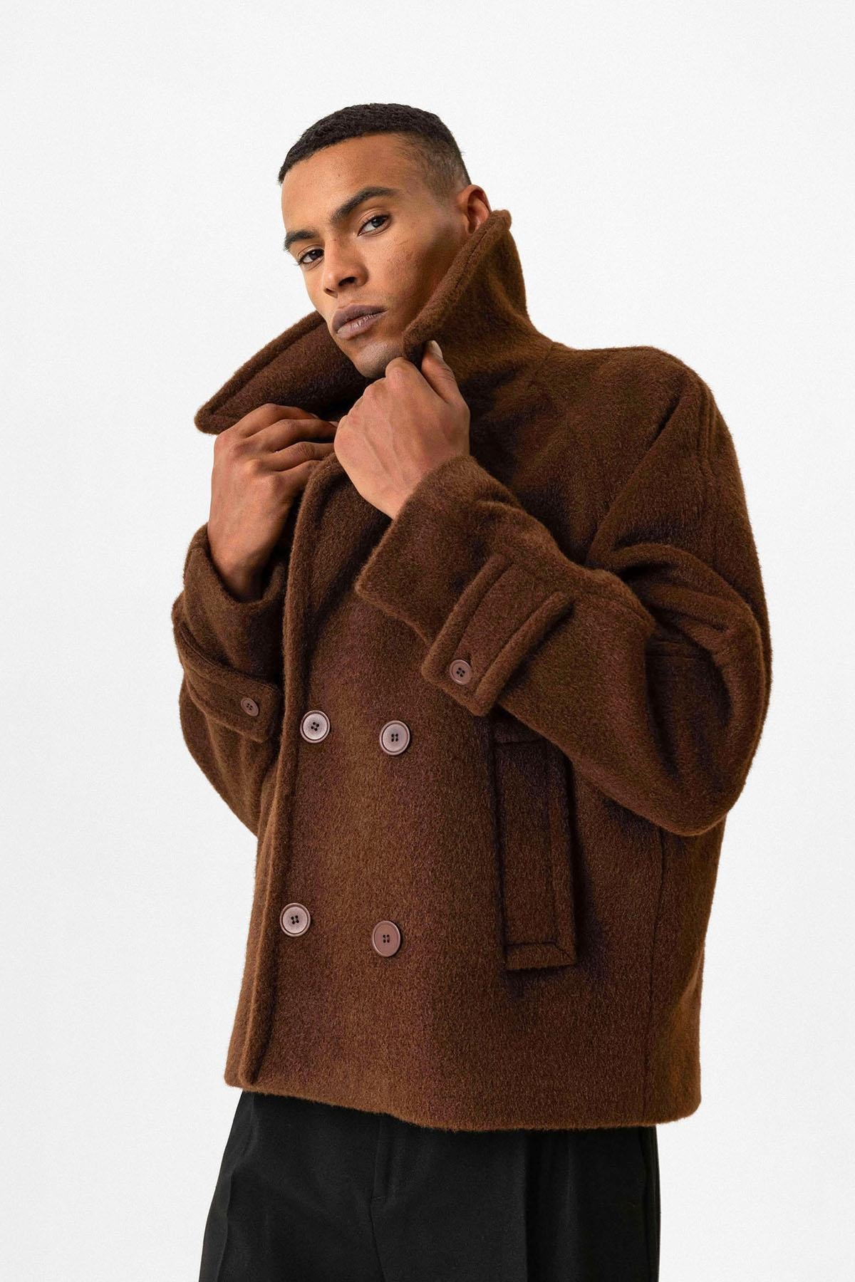 Brown Double-Breasted Crop Fit Men's Jacket