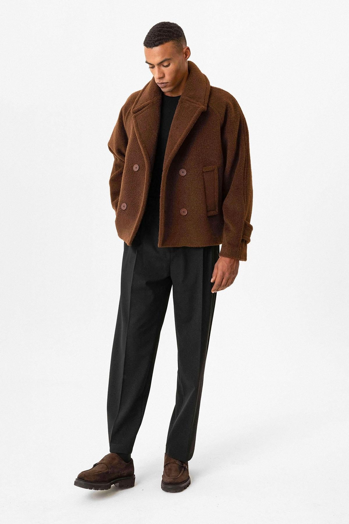 Brown Double-Breasted Crop Fit Men's Jacket