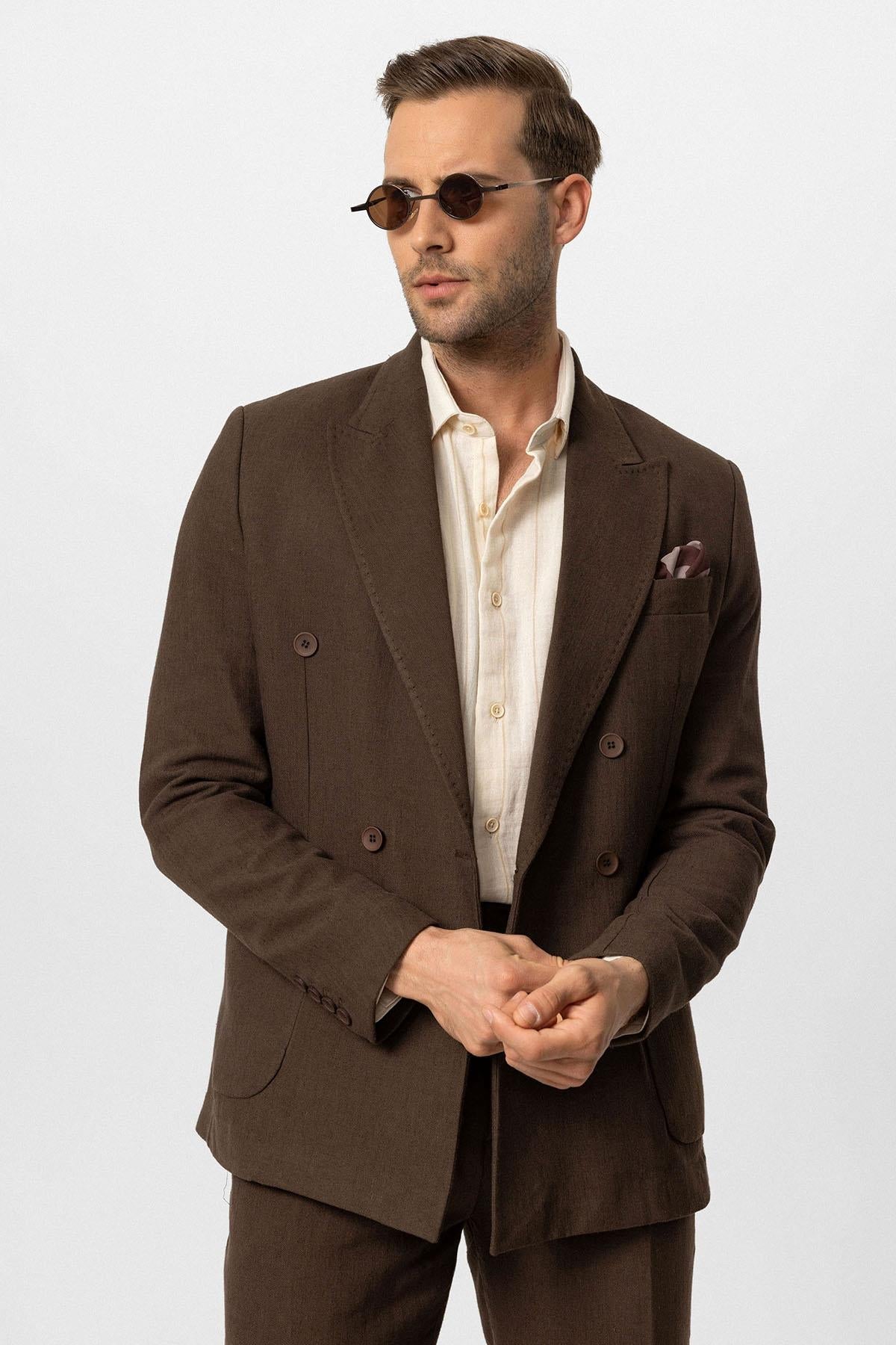KOALA SYDNEY Men's Brown Double-Breasted Linen Blend Jacket
