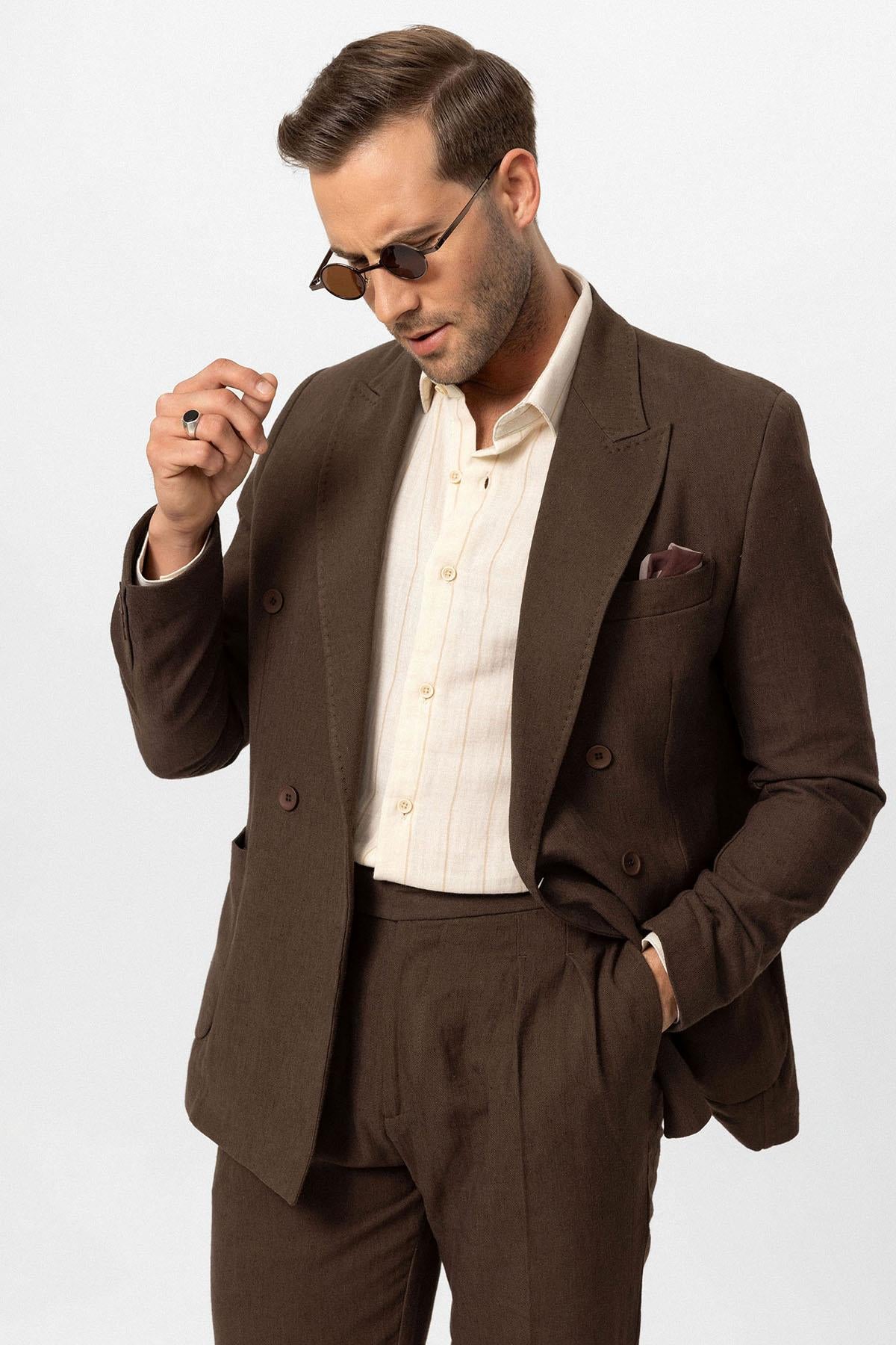 KOALA SYDNEY Men's Brown Double-Breasted Linen Blend Jacket