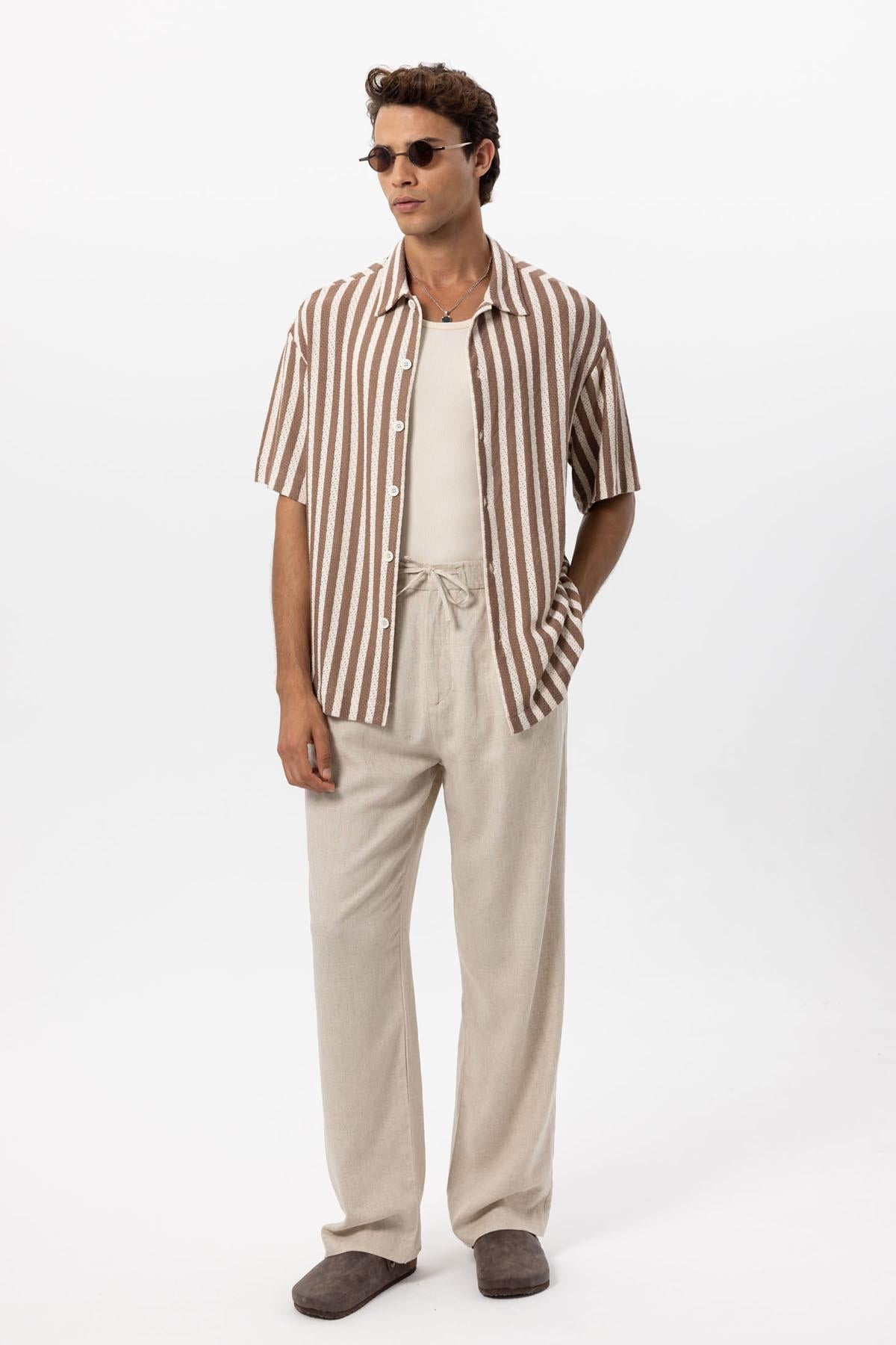 Men's Brown Oversized Knit Striped Shirt -