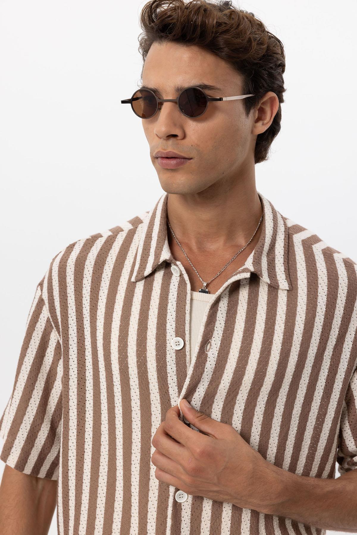 KOALA SYDNEY Men's Brown Oversized Knit Striped Shirt -
