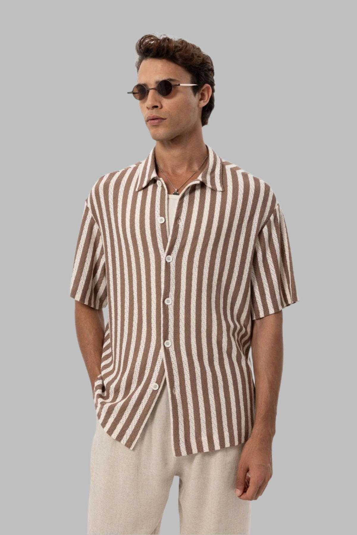 Men's Brown Oversized Knit Striped Shirt -