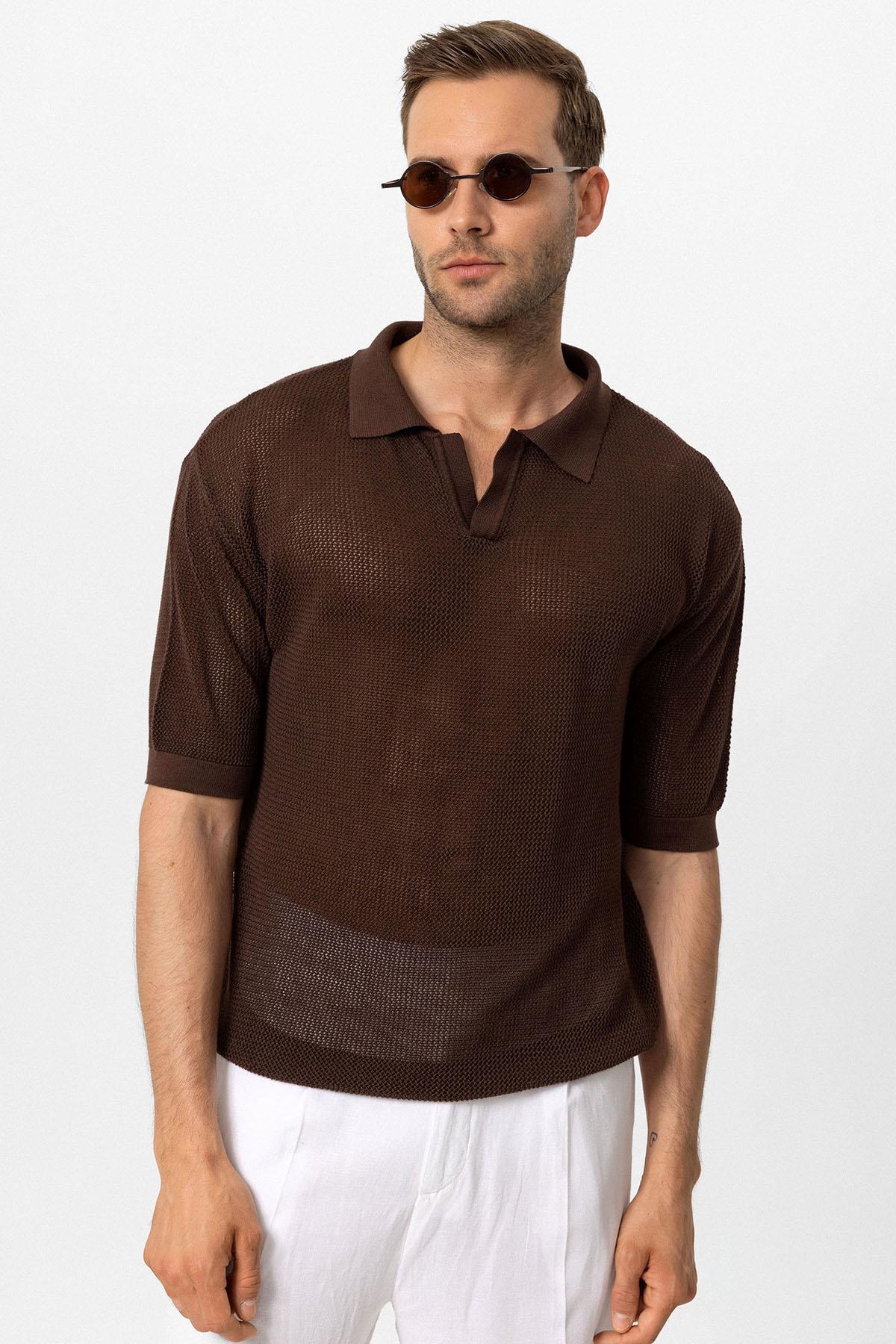 KOALA SYDNEY Men's Brown Polo Neck Knit T-Shirt