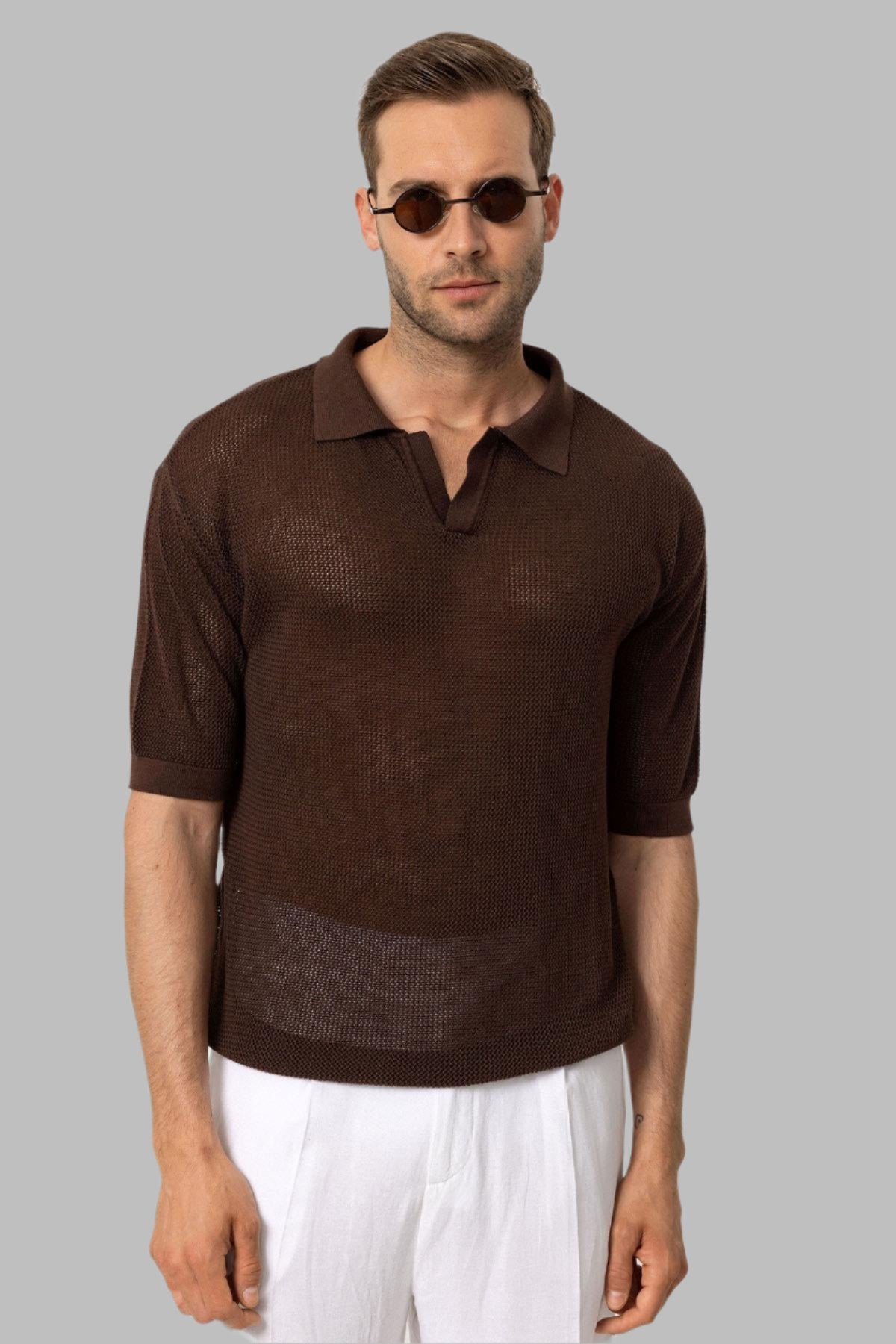 Men's Brown Polo Neck Knit T-Shirt - Wessi