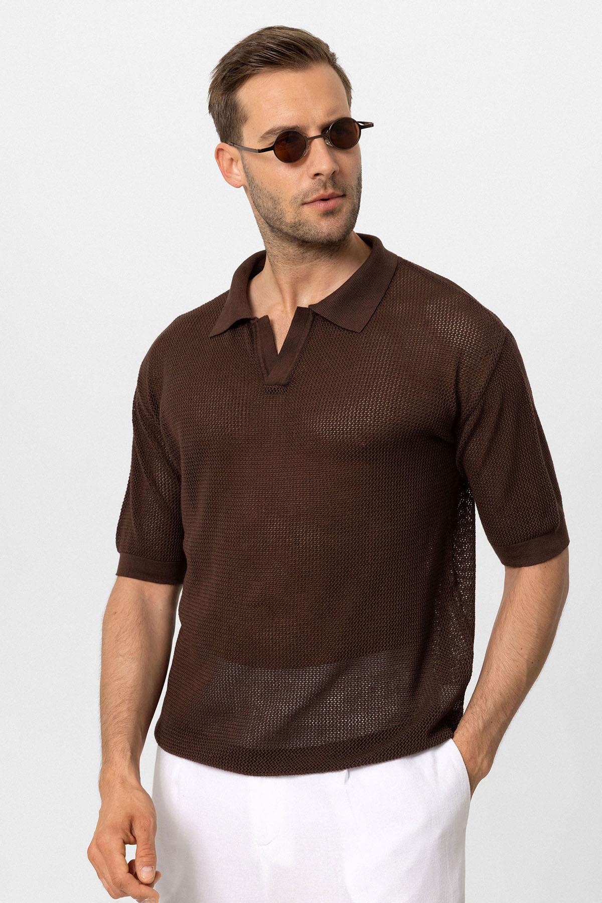 Men's Brown Polo Neck Knit T-Shirt - Wessi