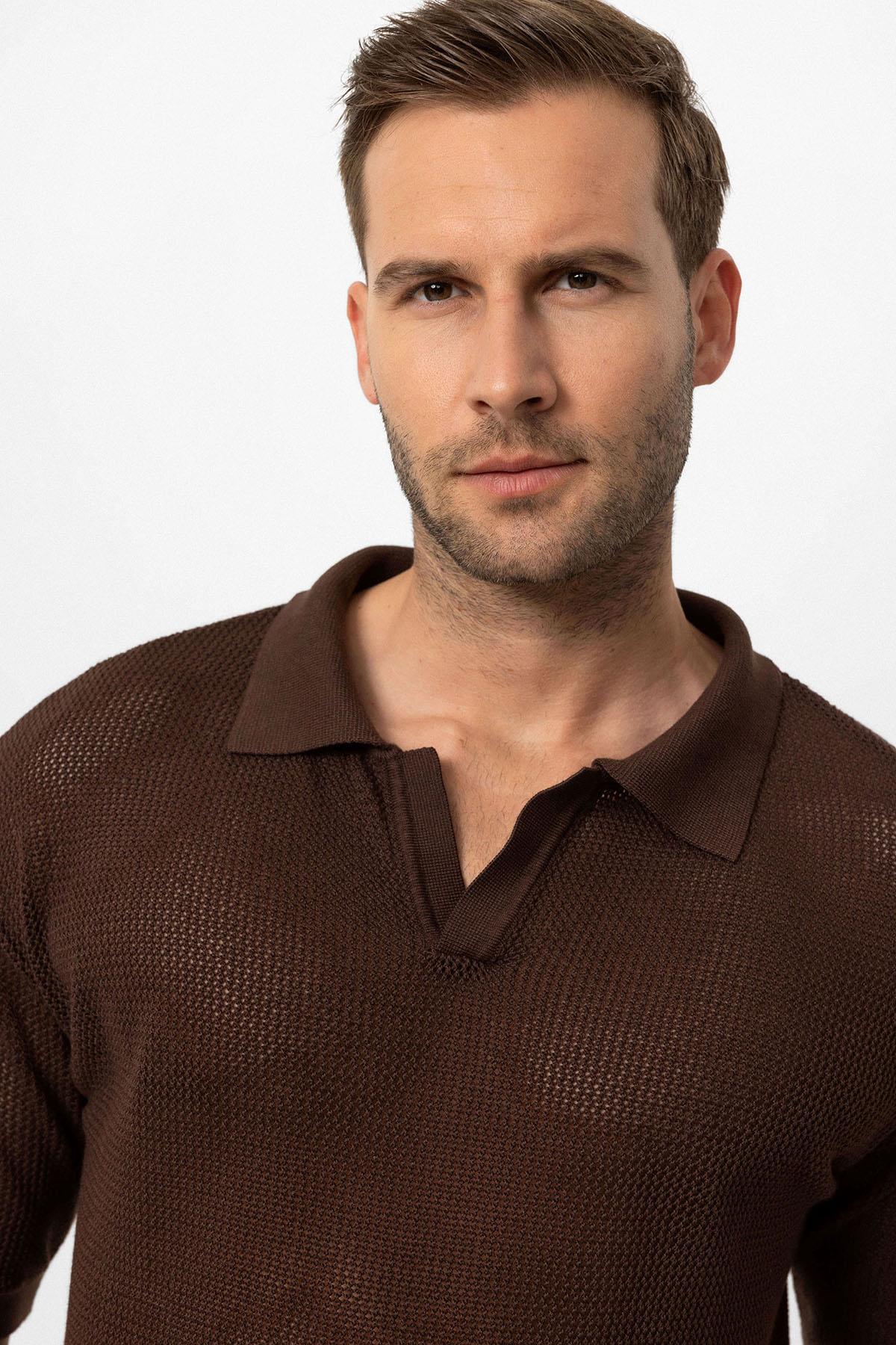 Men's Brown Polo Neck Knit T-Shirt - Wessi