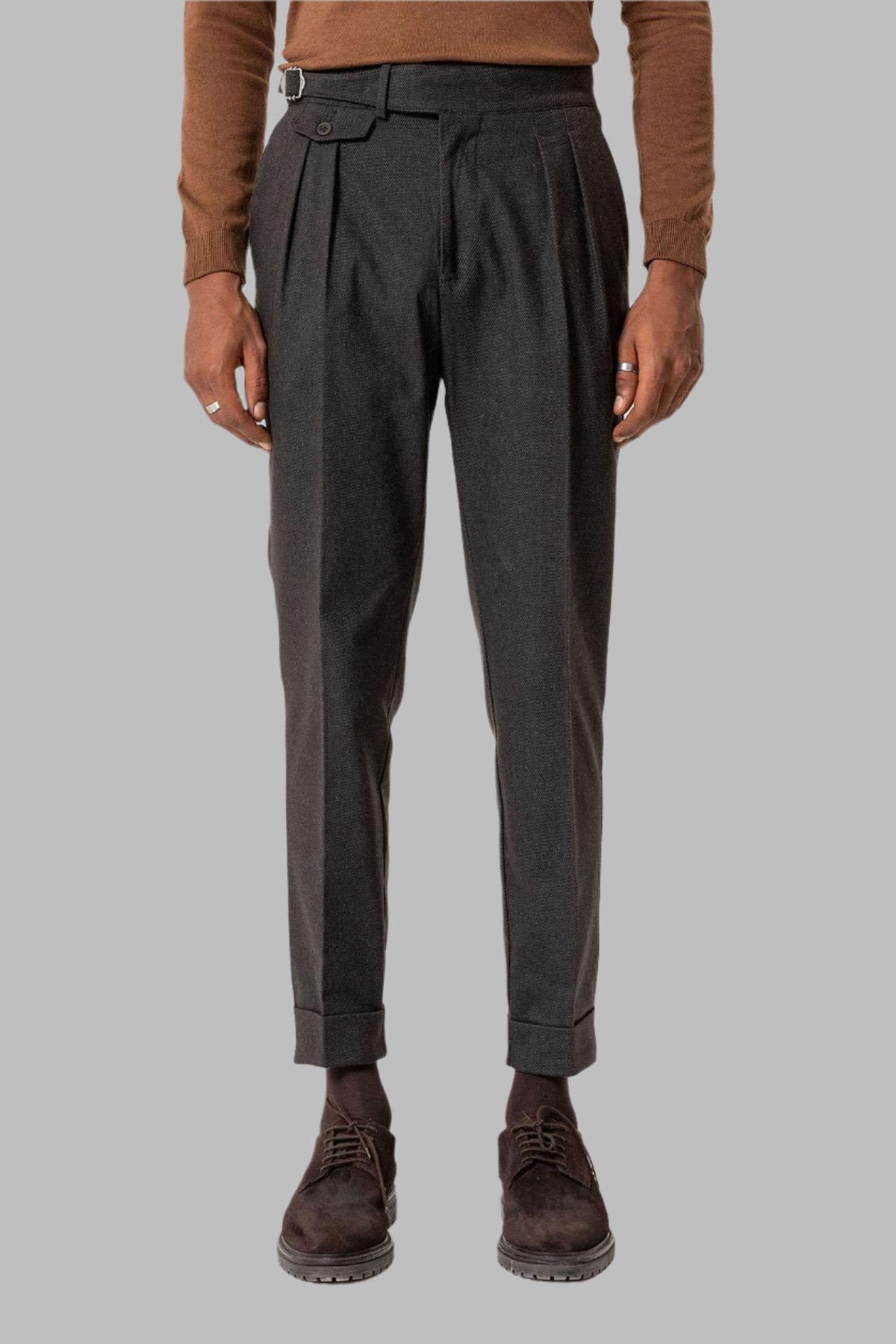 Brown High-Waisted Men's Trousers with Buckle Detail
