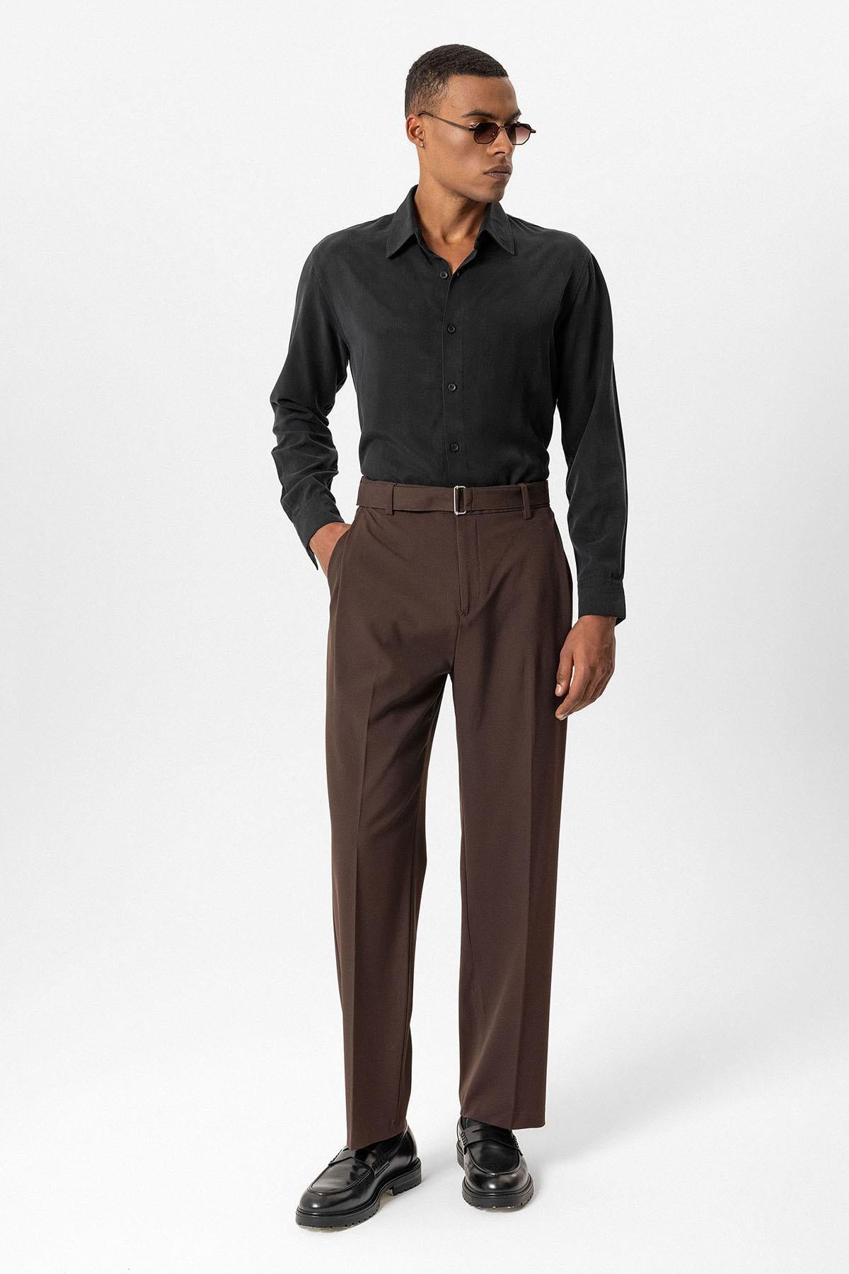 Brown High-Waisted Belted Men's Trousers