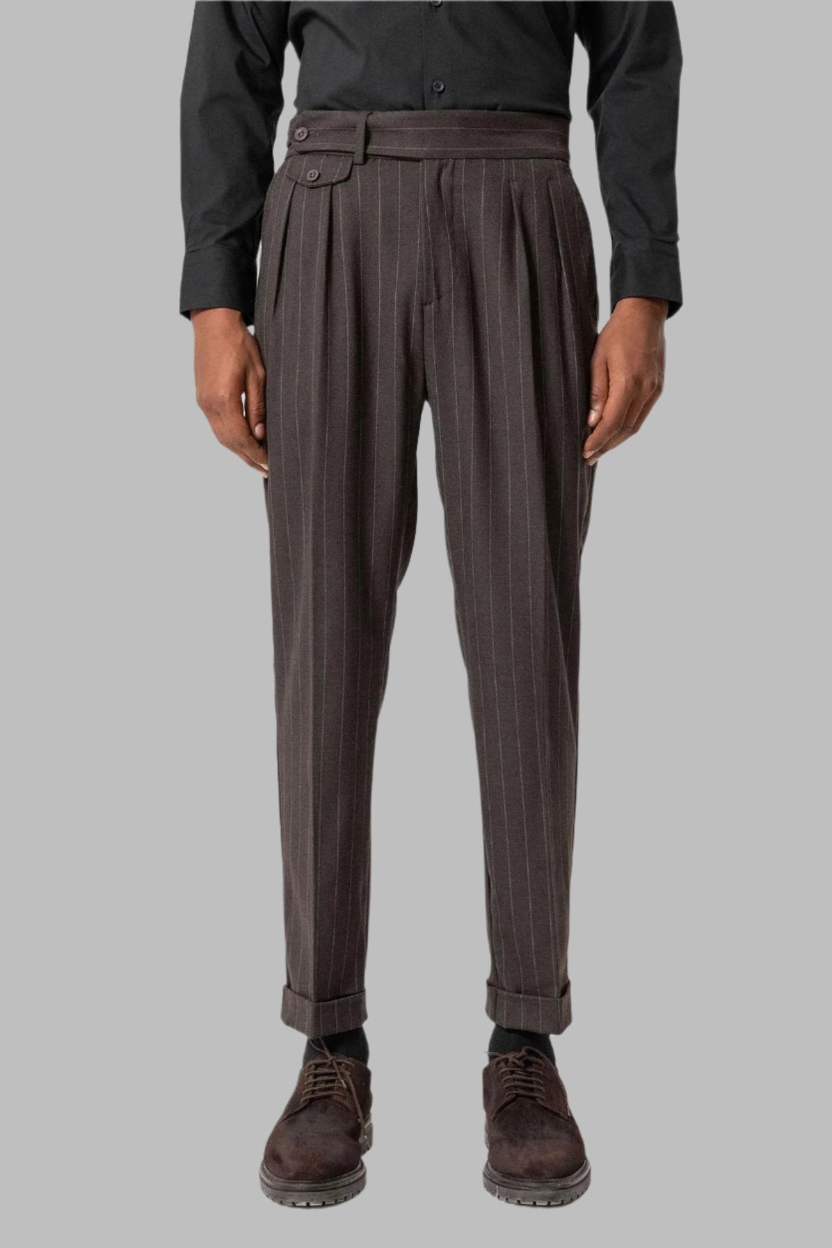 KOALA SYDNEY Brown High-Waisted Pleated Striped Men's Trousers