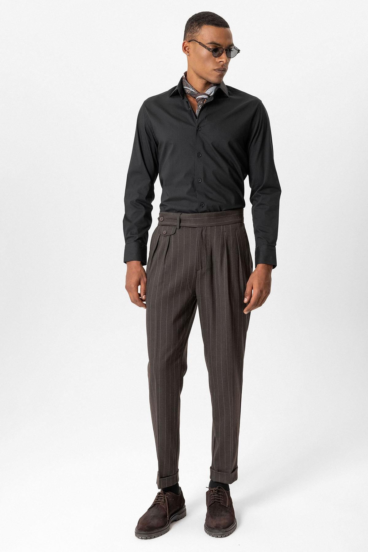 KOALA SYDNEY Brown High-Waisted Pleated Striped Men's Trousers