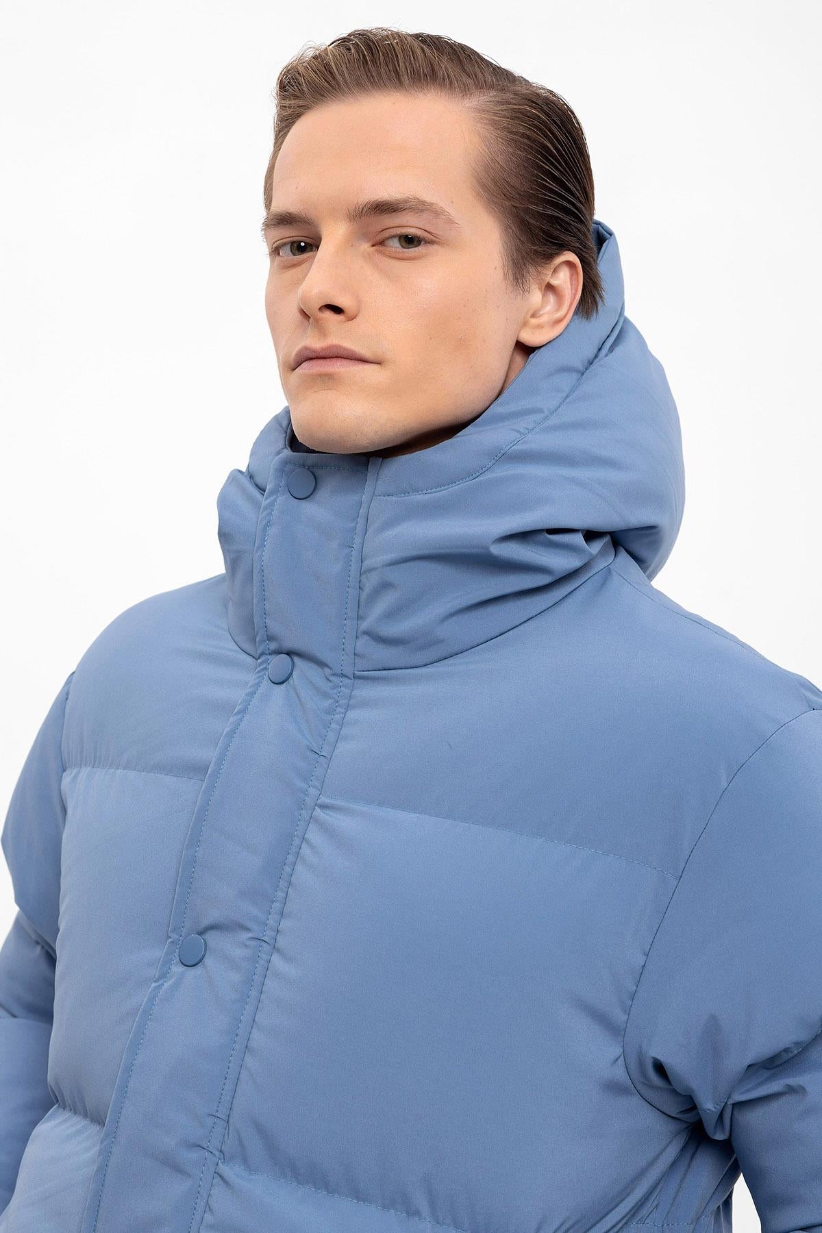 Men's Baby Blue Hooded Long Puffer Jacket
