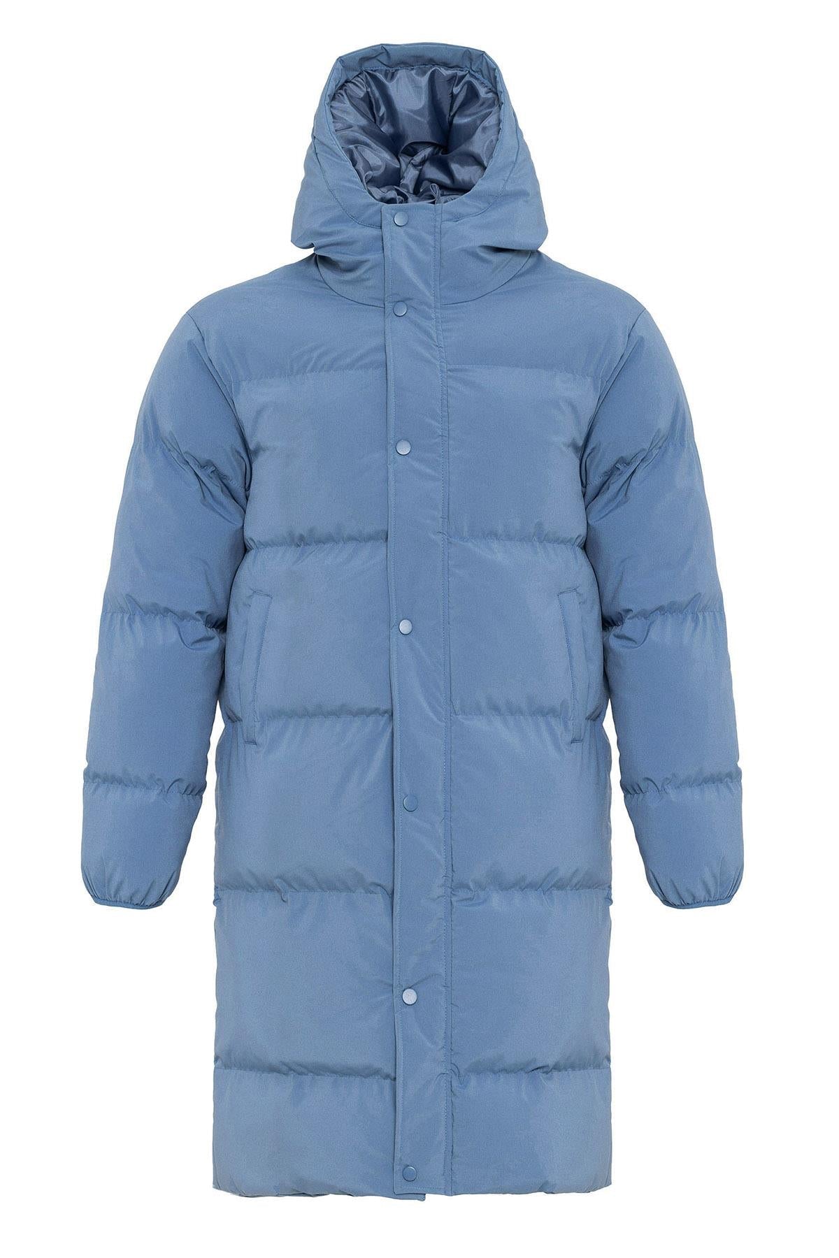Men's Baby Blue Hooded Long Puffer Jacket