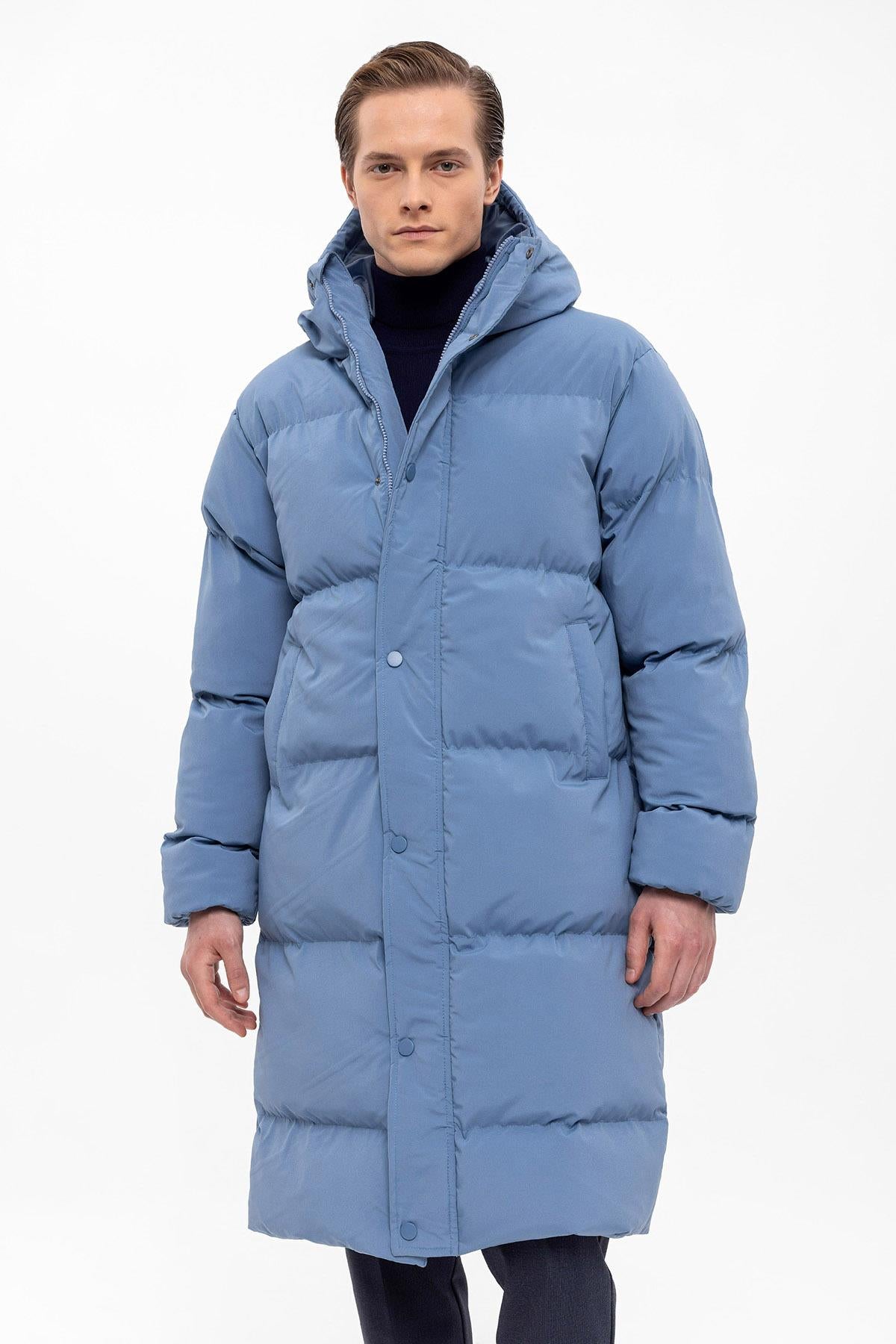 Men's Baby Blue Hooded Long Puffer Jacket