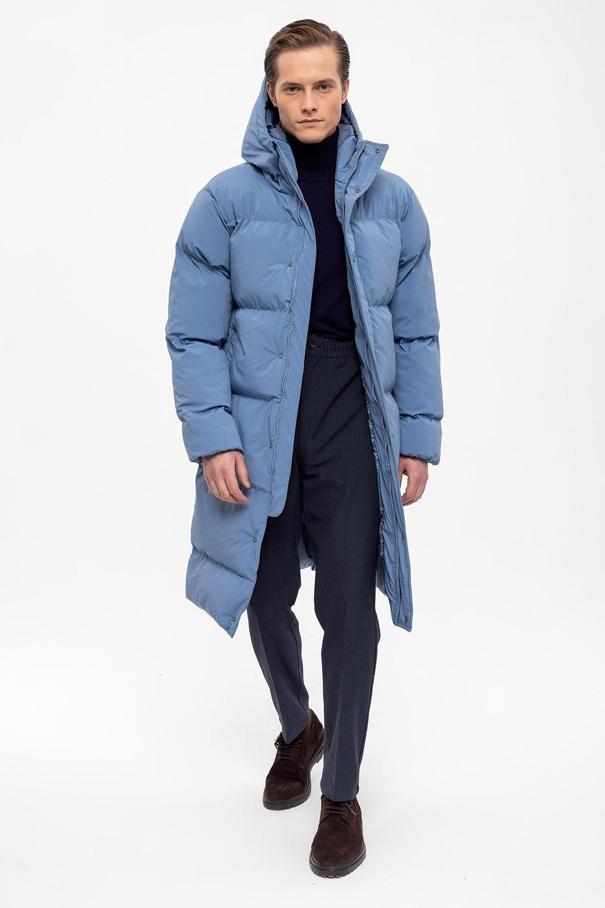 Men's Baby Blue Hooded Long Puffer Jacket