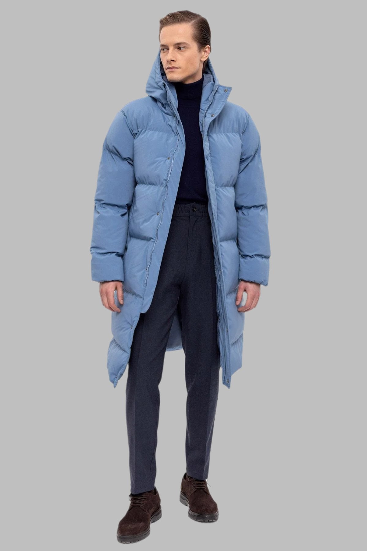 Men's Baby Blue Hooded Long Puffer Jacket