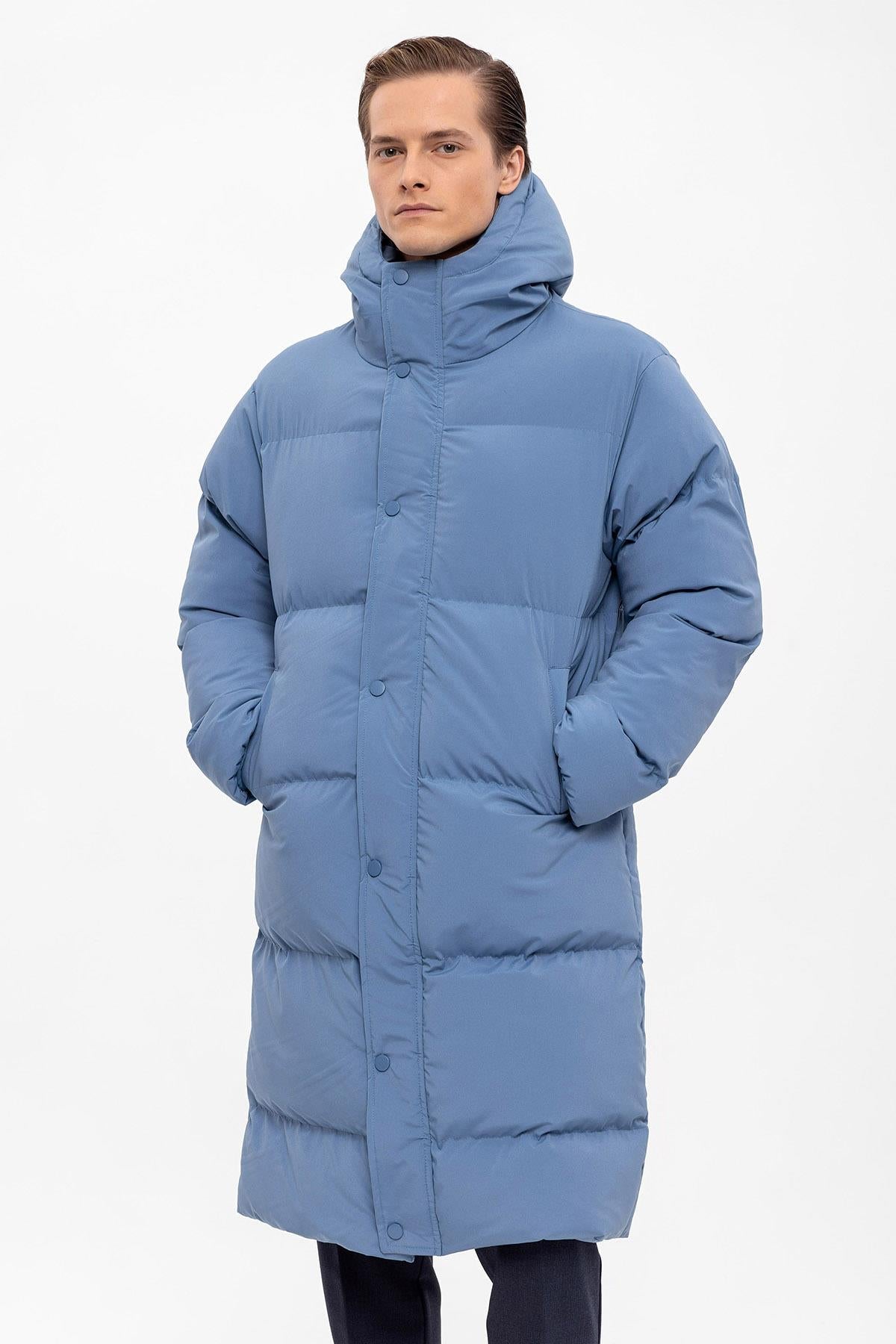 Men's Baby Blue Hooded Long Puffer Jacket